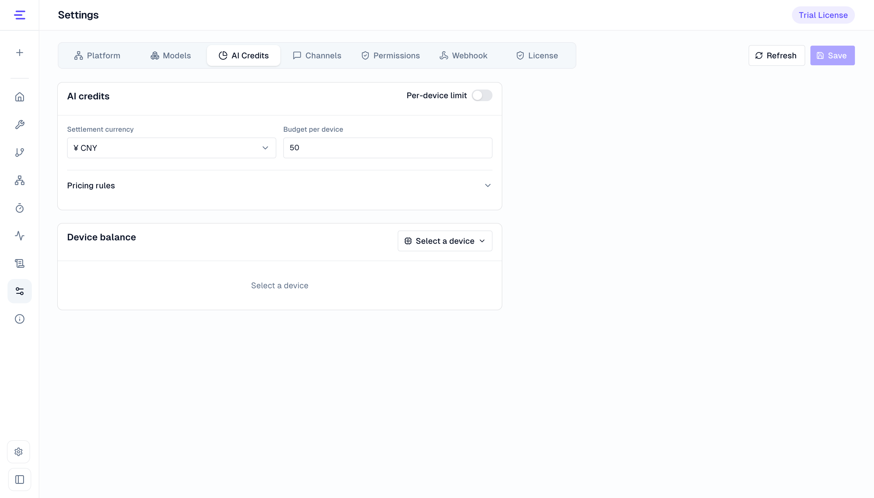 Default AI credit settings with per-device limits disabled
