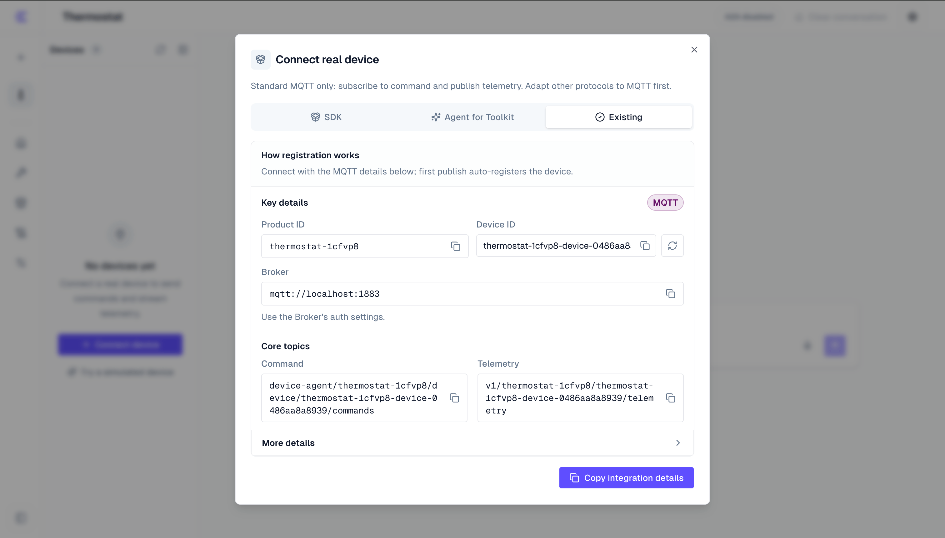 Existing device MQTT connection details
