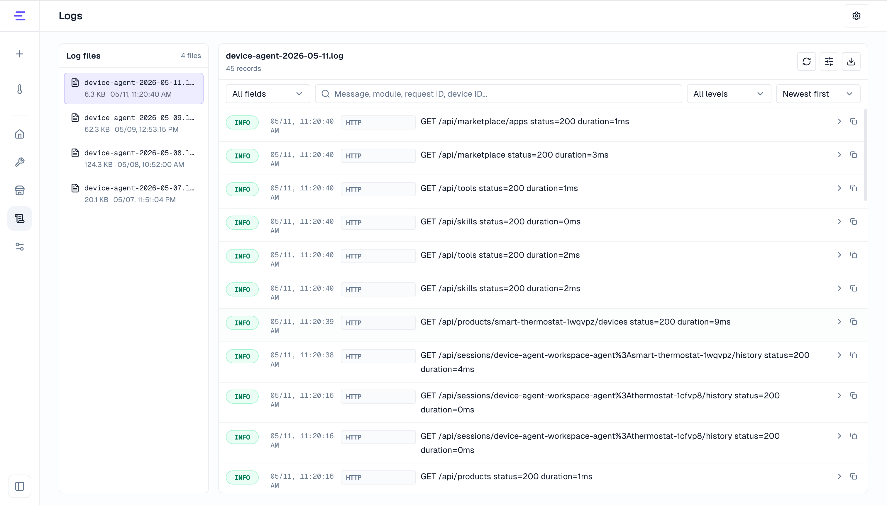 Logs page