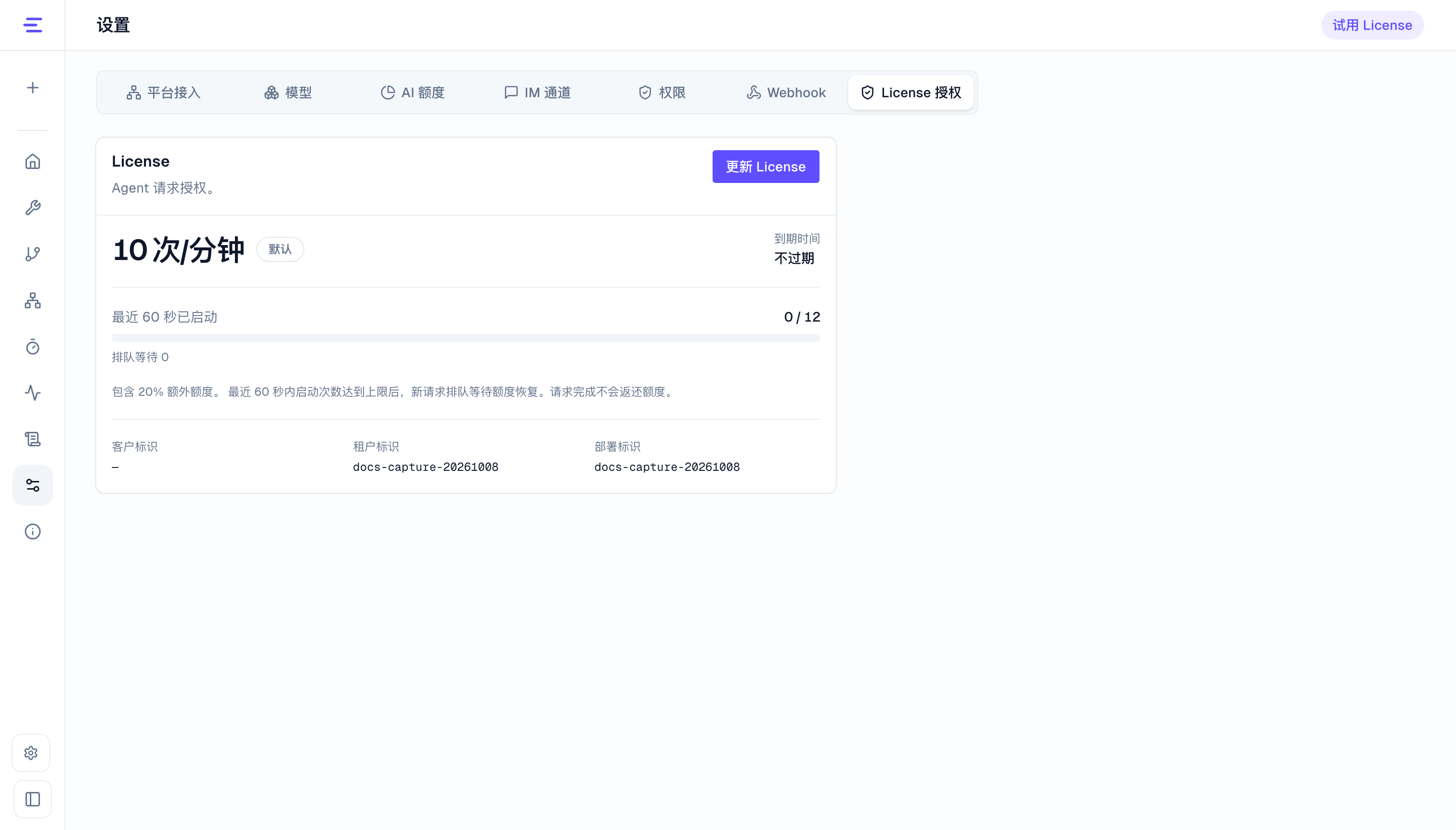 默认试用 License 的额度和用量