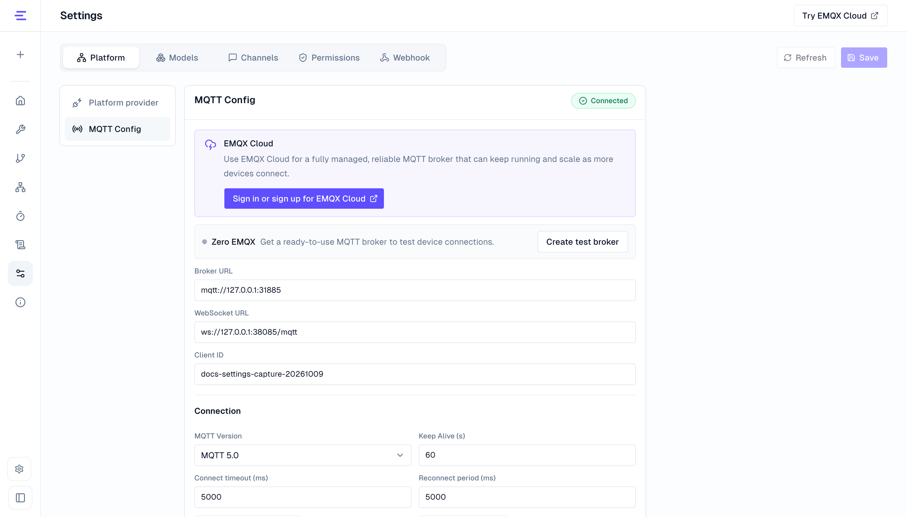 Settings page