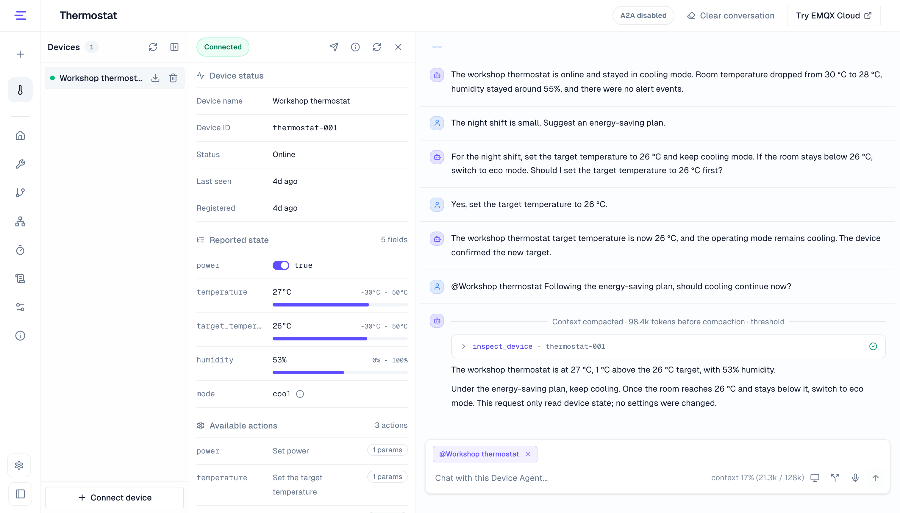 Context compaction notice and context usage in a conversation