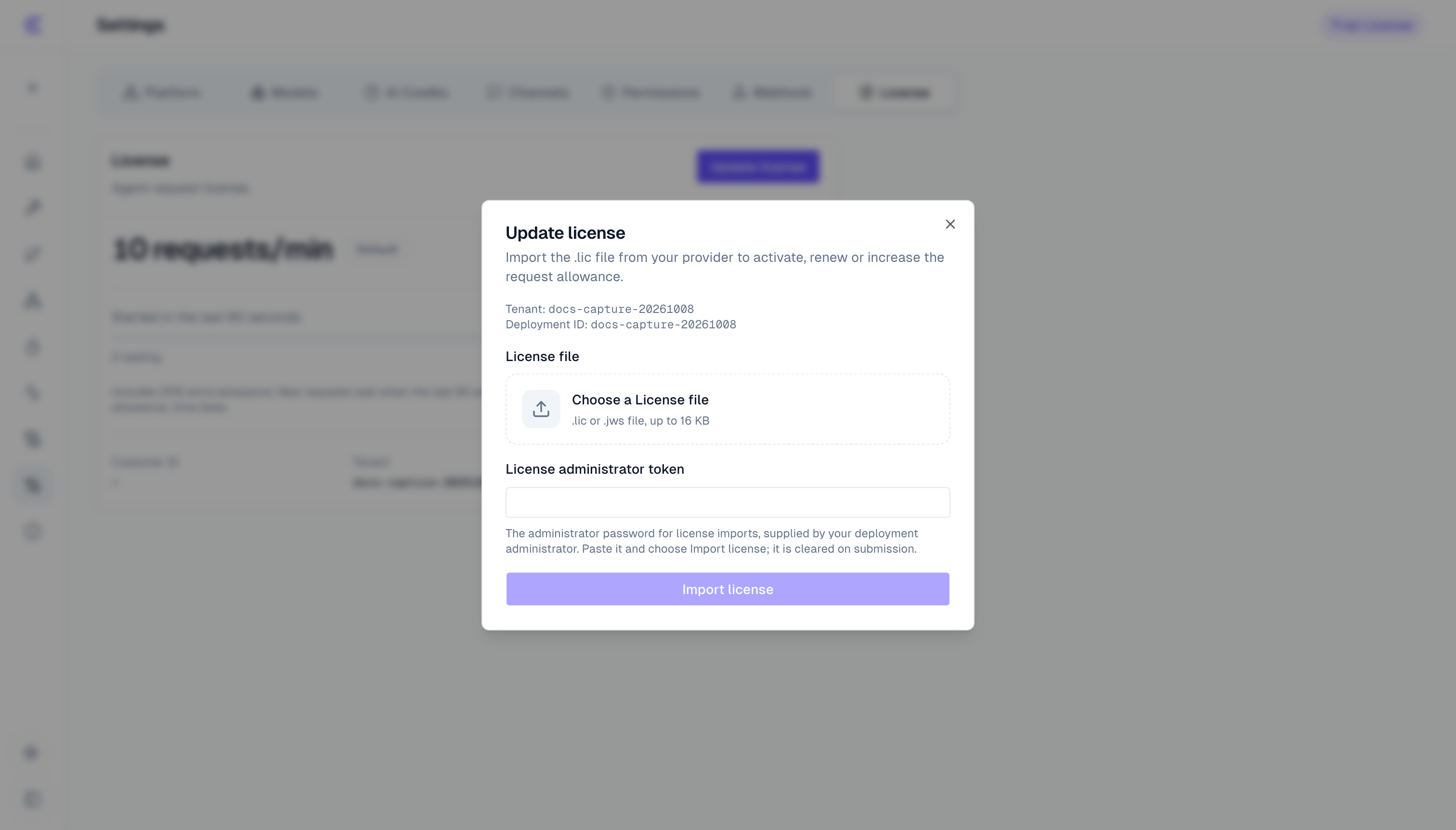 Update license dialog