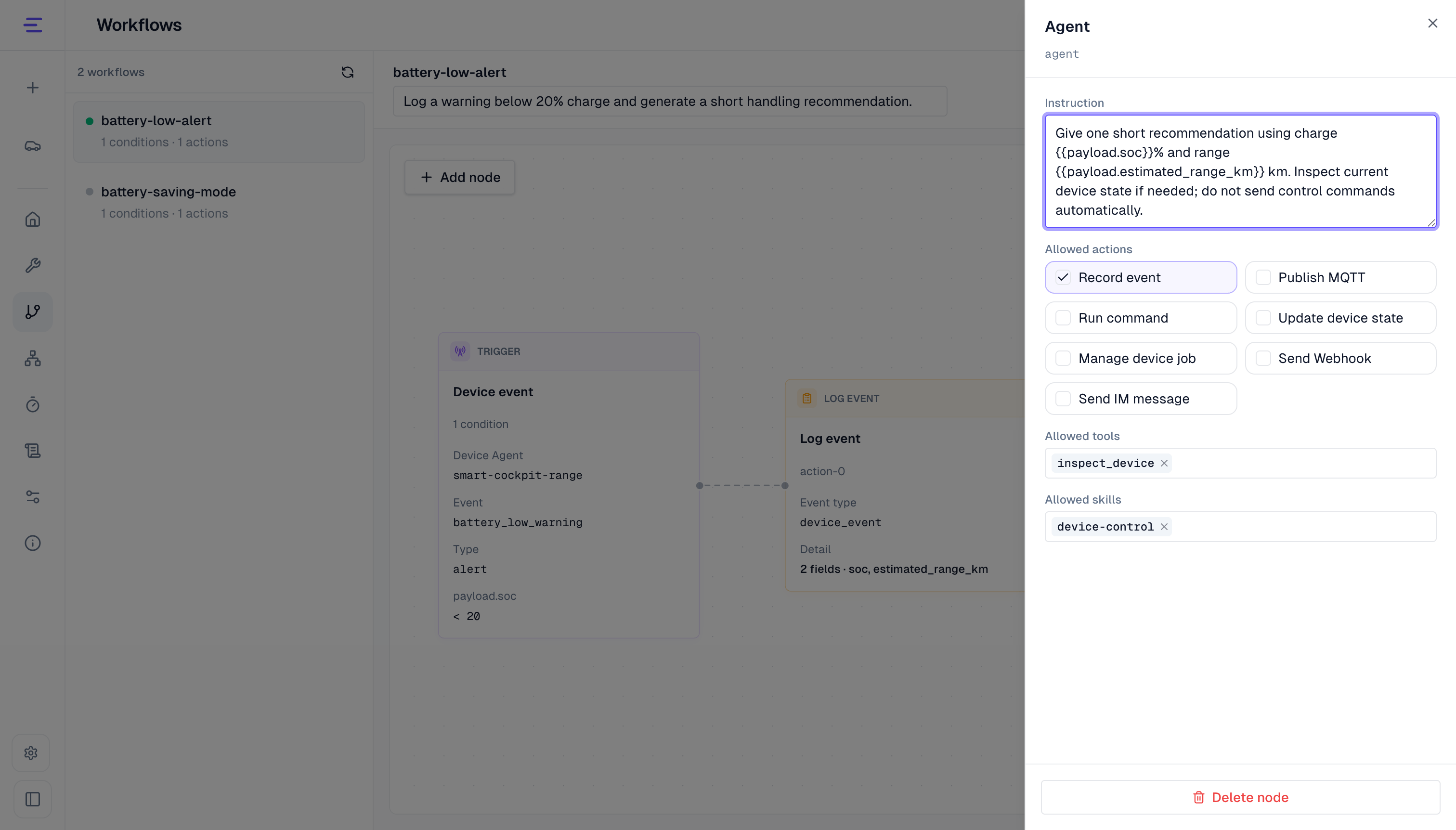 Allowed actions, tools, and skills in an Agent node