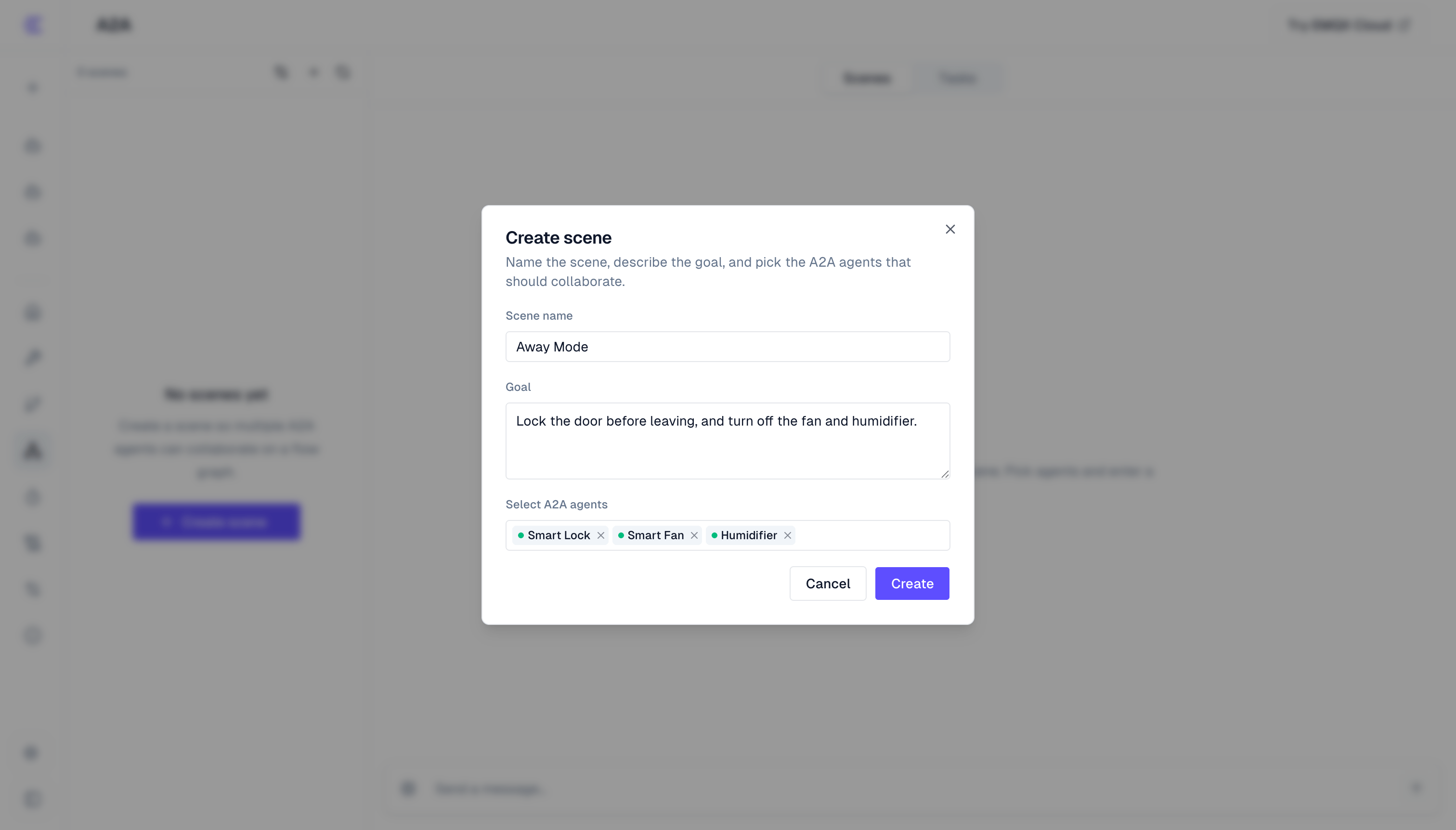 Enter a scene name and goal and select participating agents