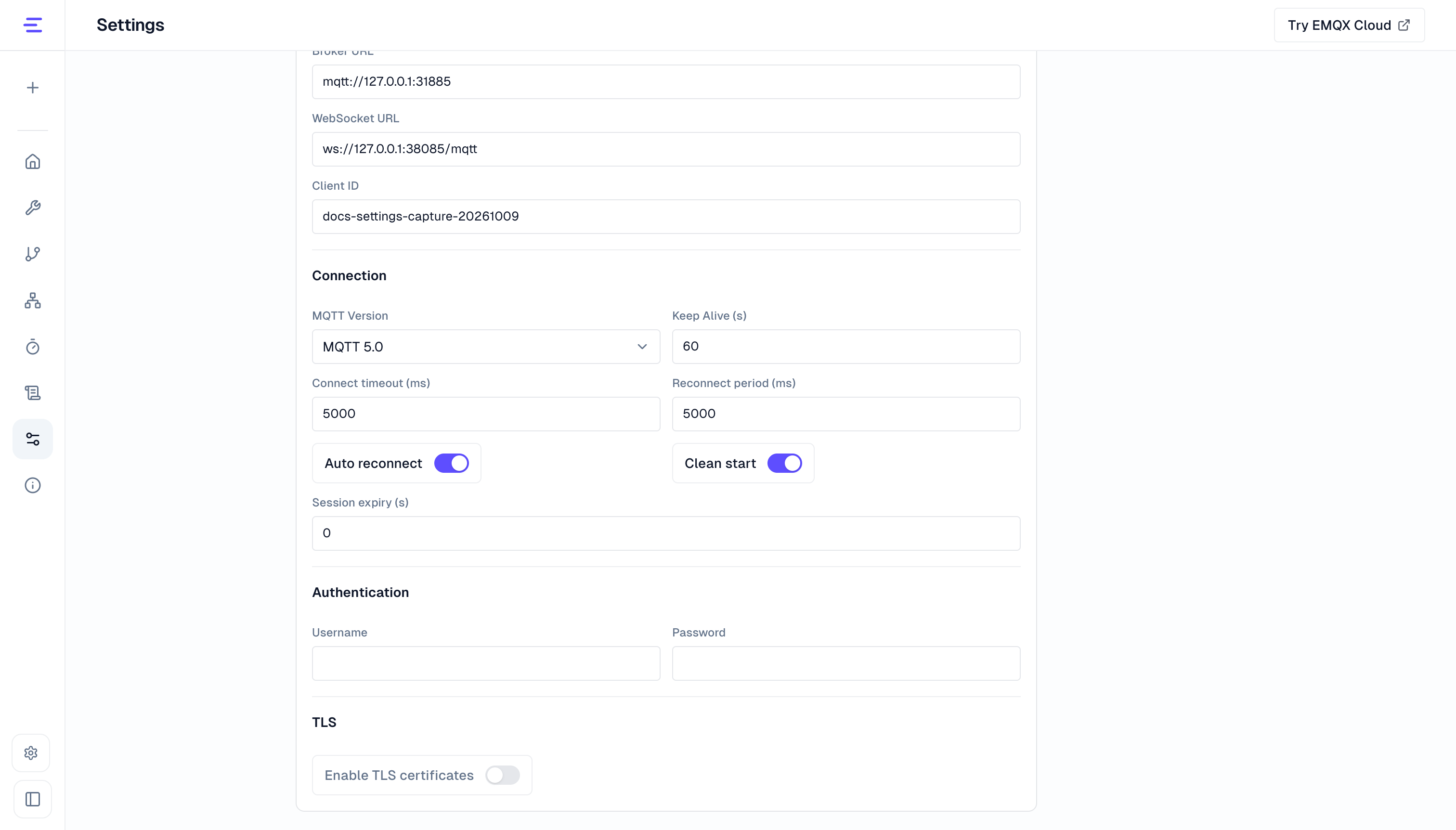 MQTT connection and TLS configuration example