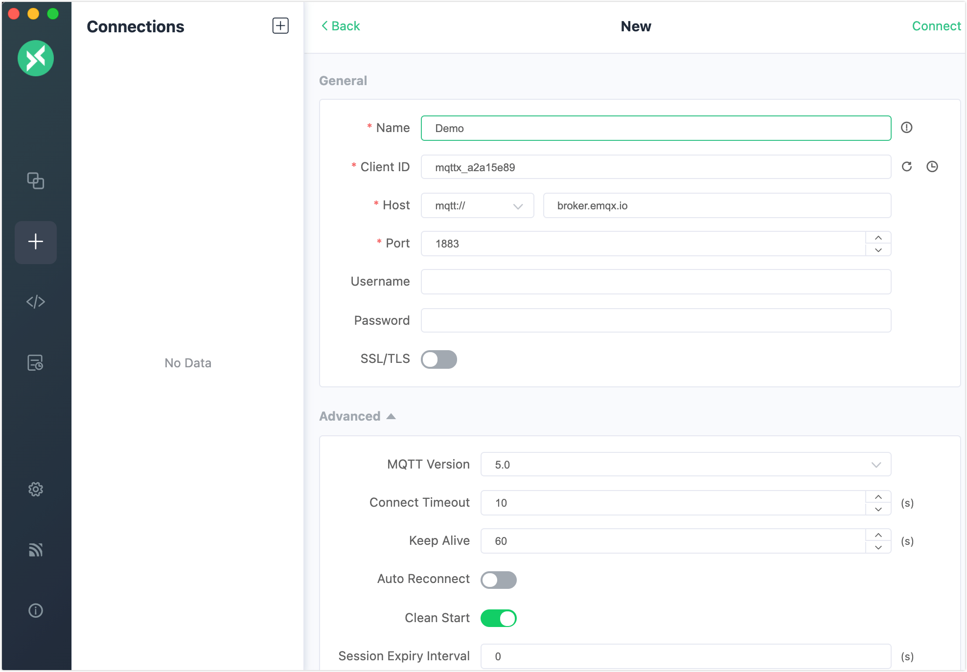 新規接続パラメータ入力