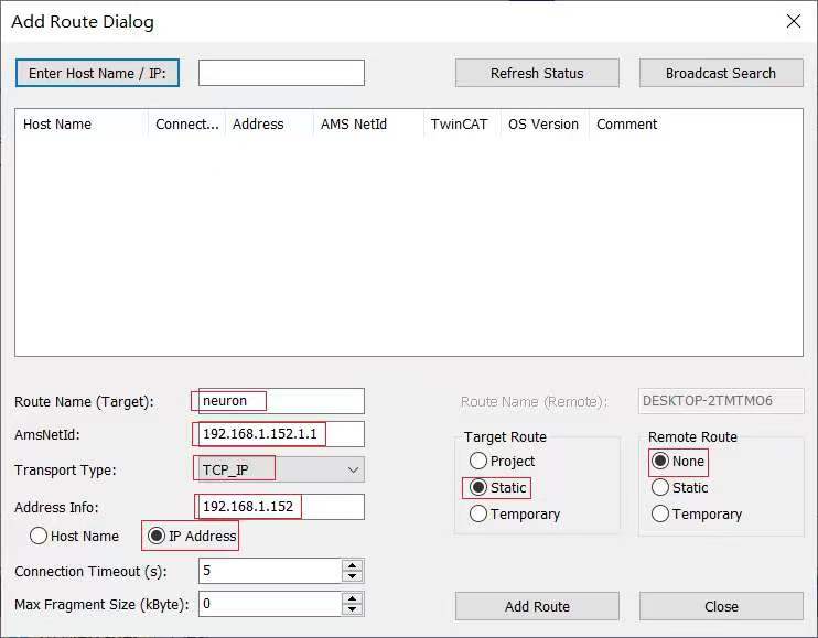 TwinCAT add route dialog