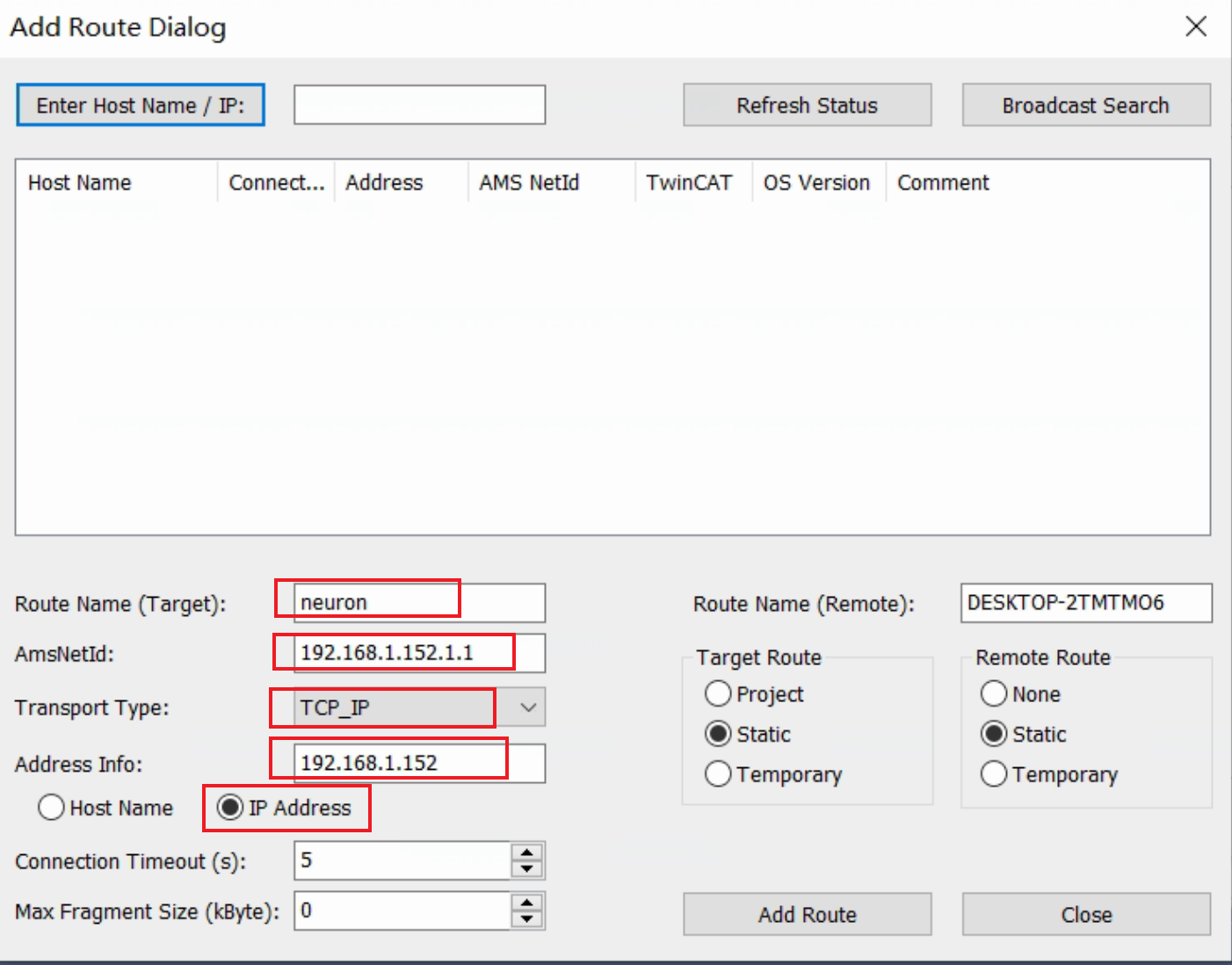 TwinCAT add route dialog