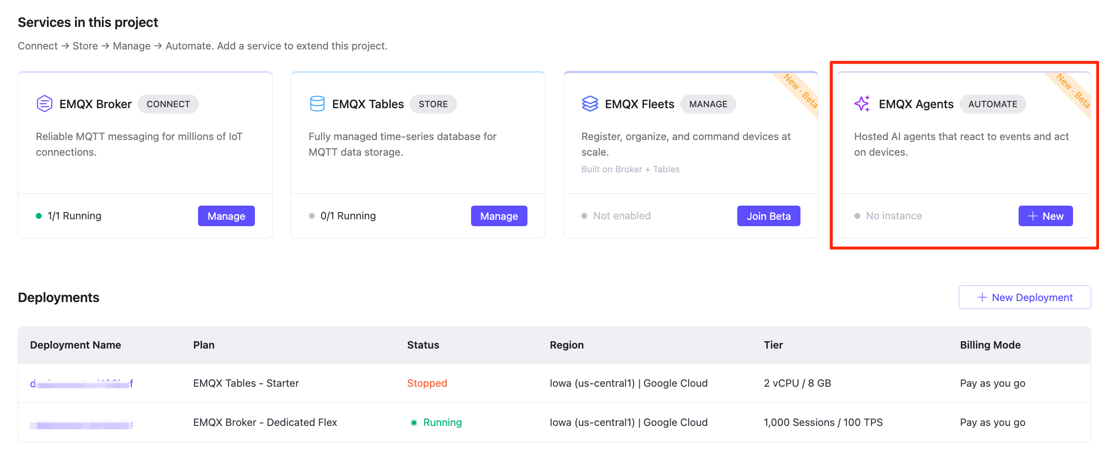 Create an EMQX Agents deployment from the project page