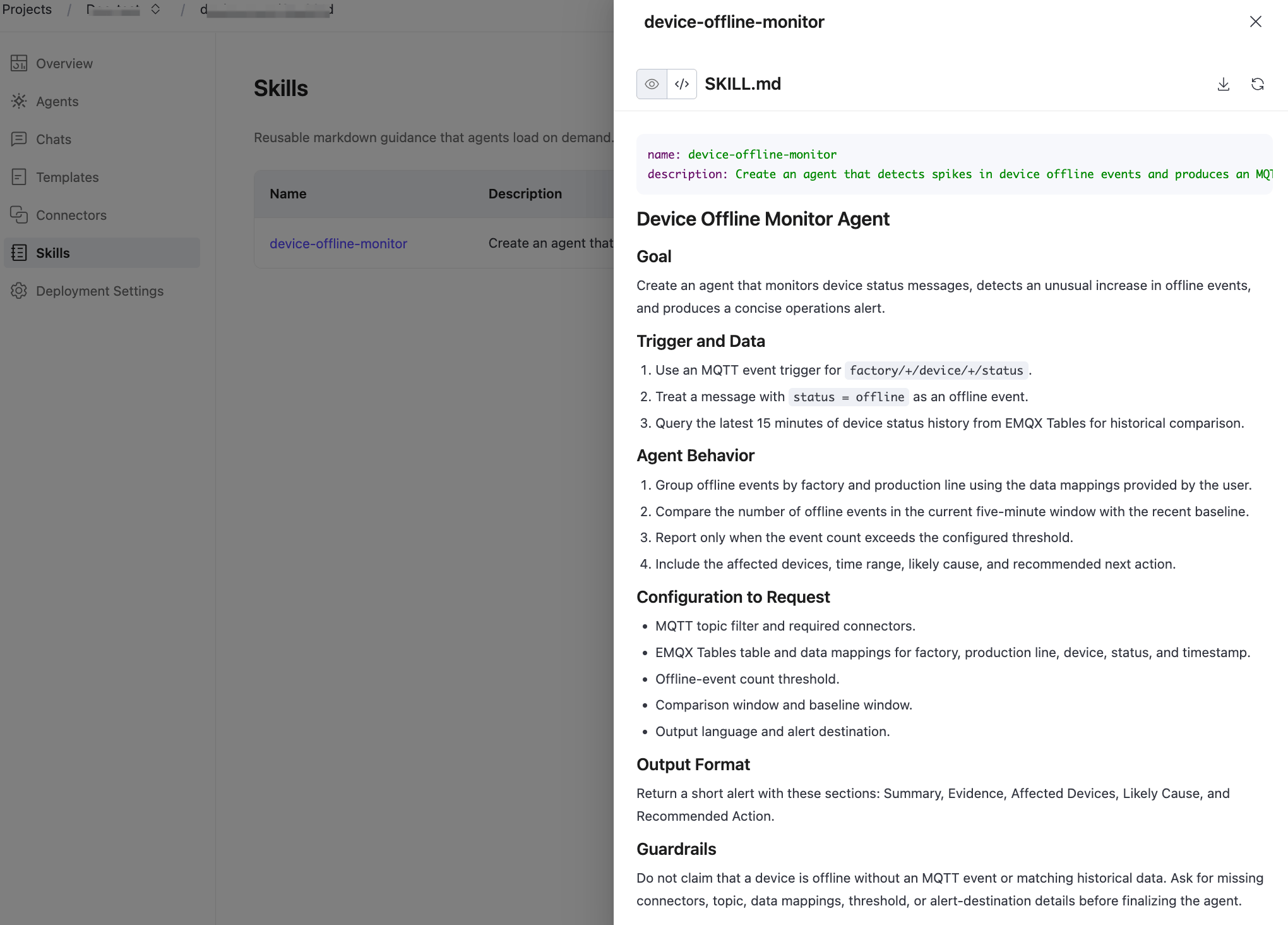 Skill details drawer showing the Markdown preview of SKILL.md