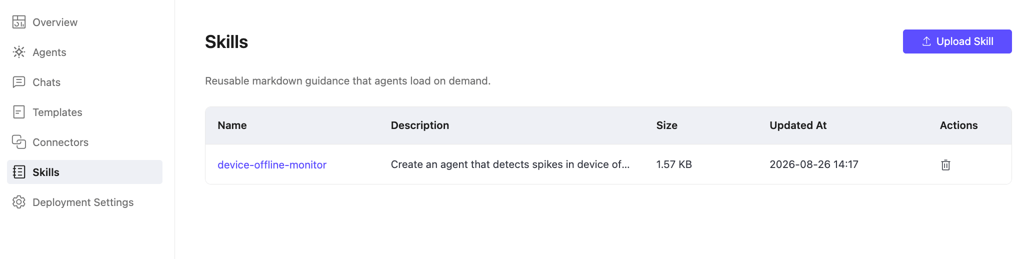 Skills page for managing deployment-level skills