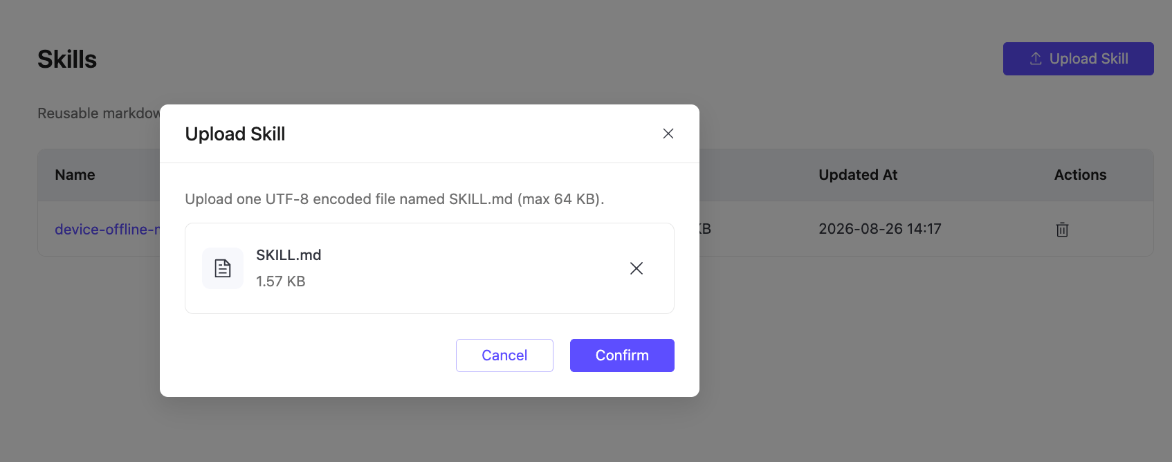 Upload Skill dialog with SKILL.md selected for upload