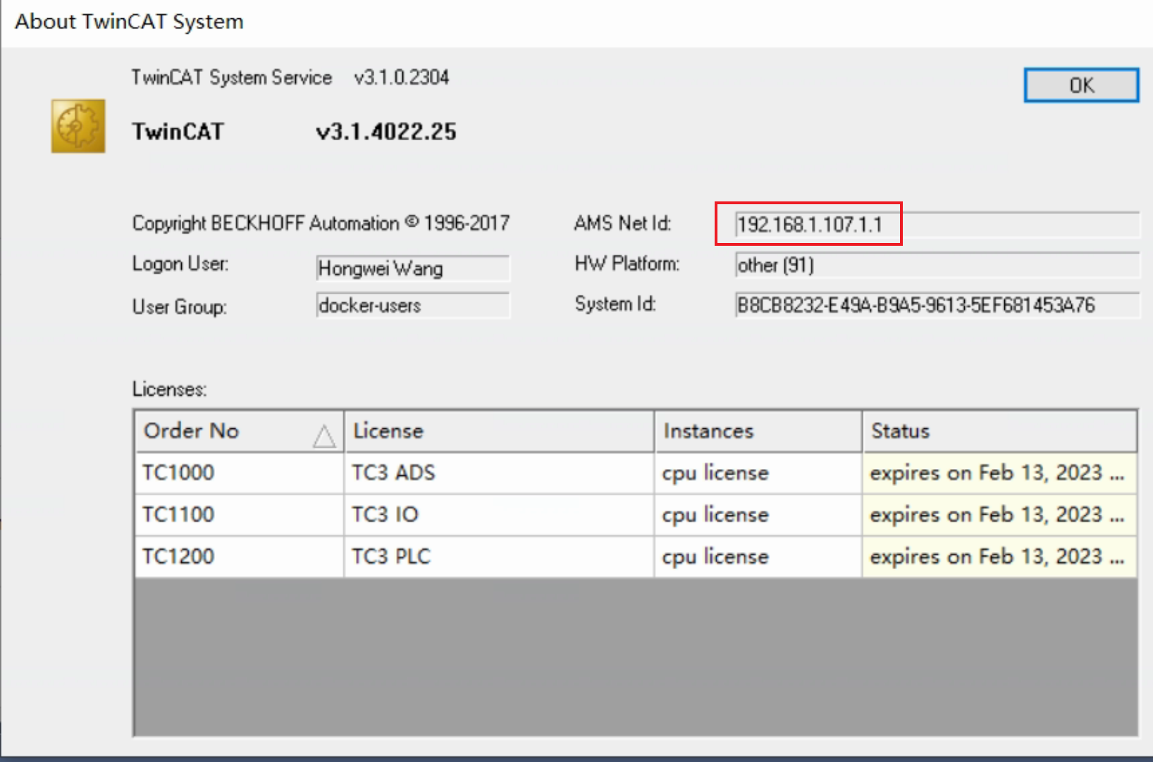 TwinCAT system dialog