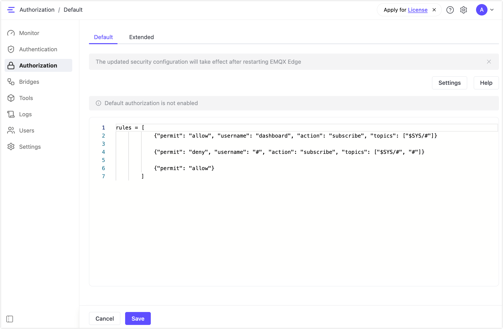 Authorization built-in file editor
