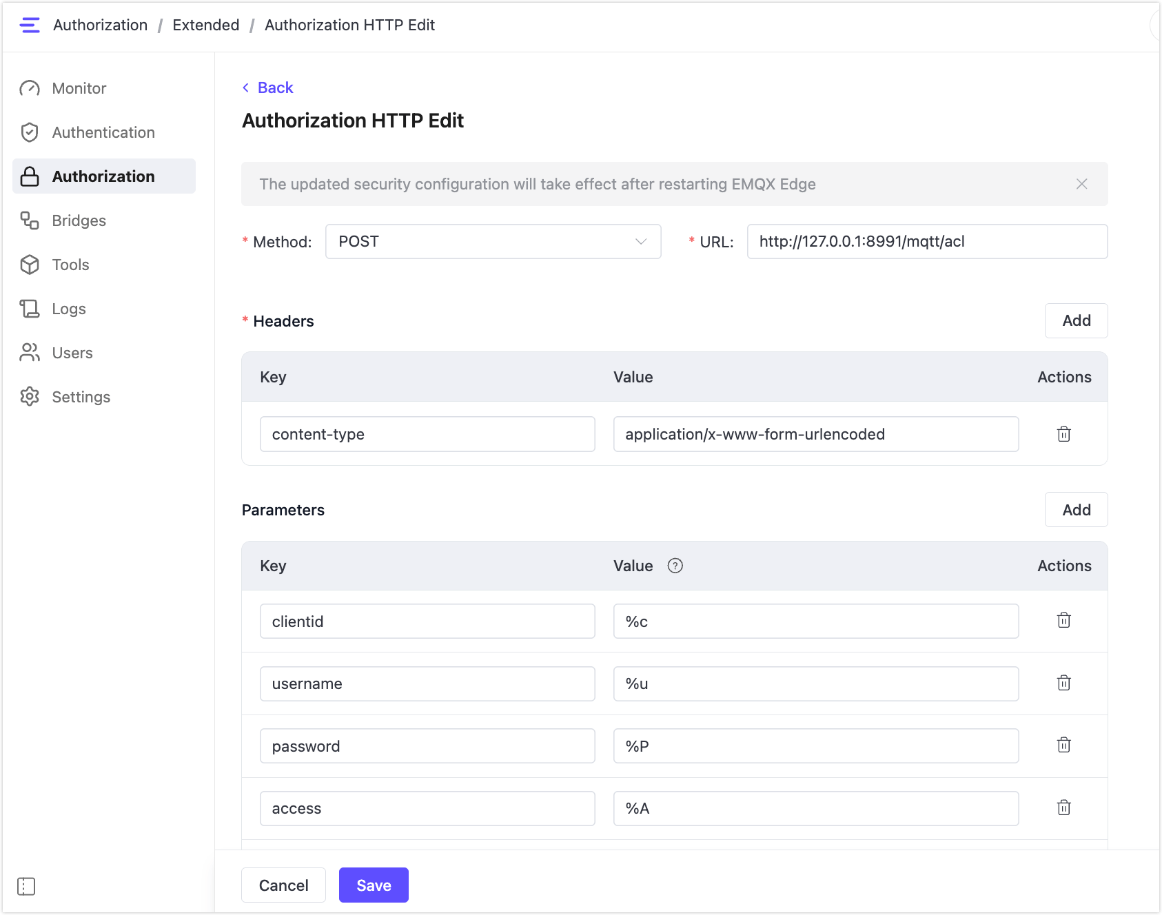HTTP authorization configuration