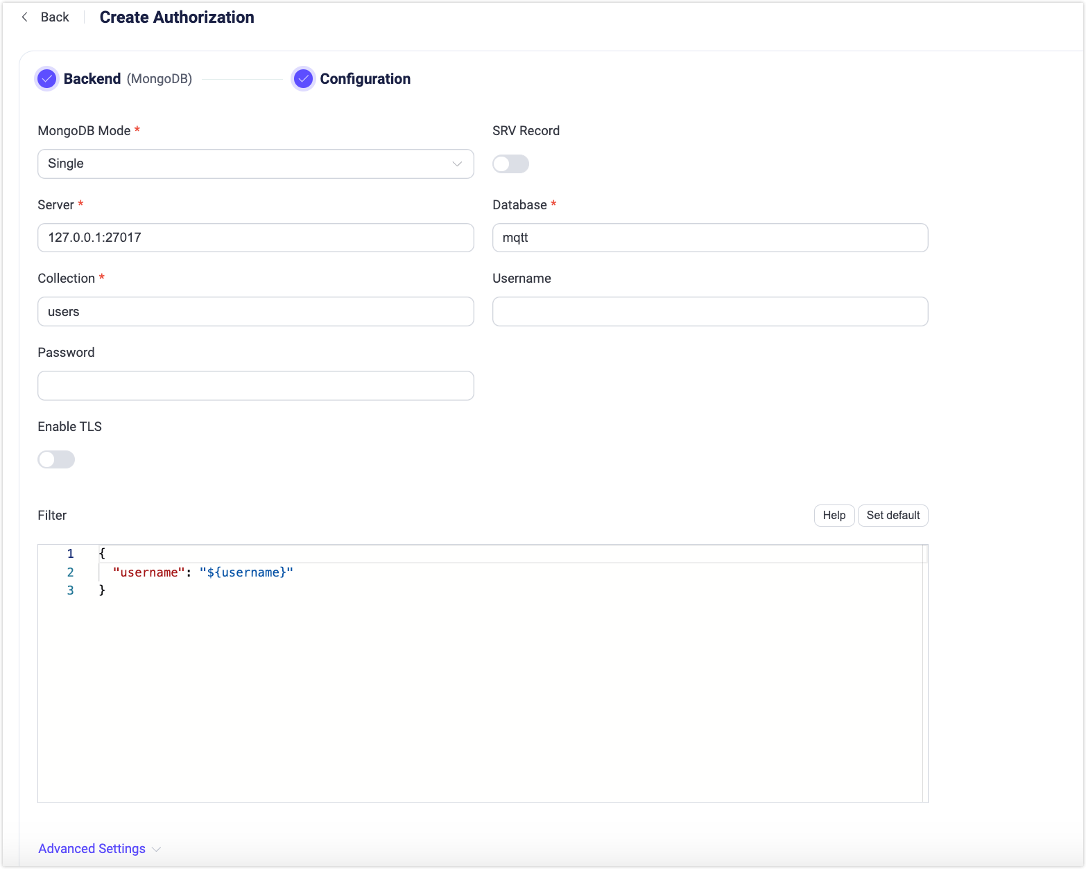 MongoDB認可設定画面