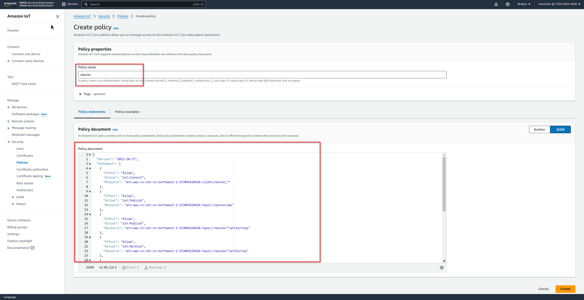 AWS IoT create policy