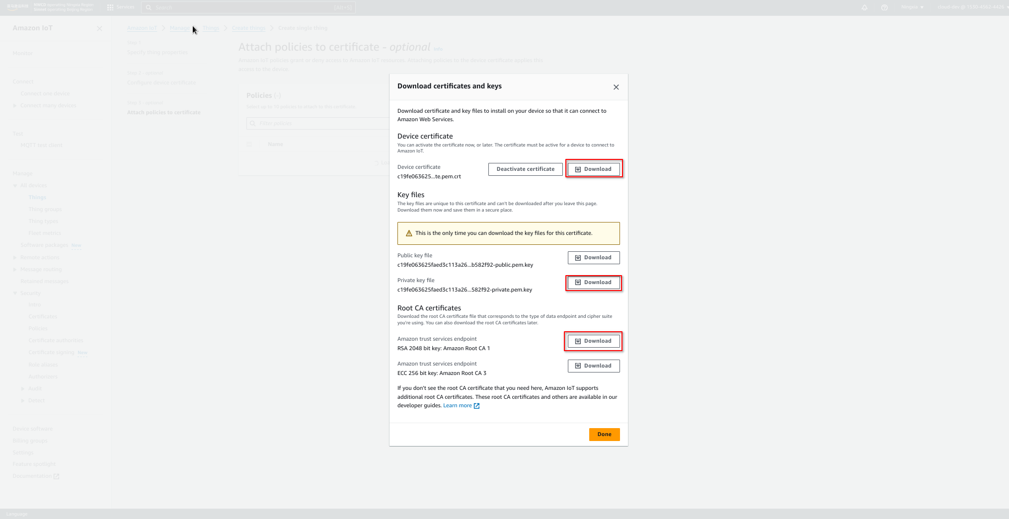 AWS IoT download certificate