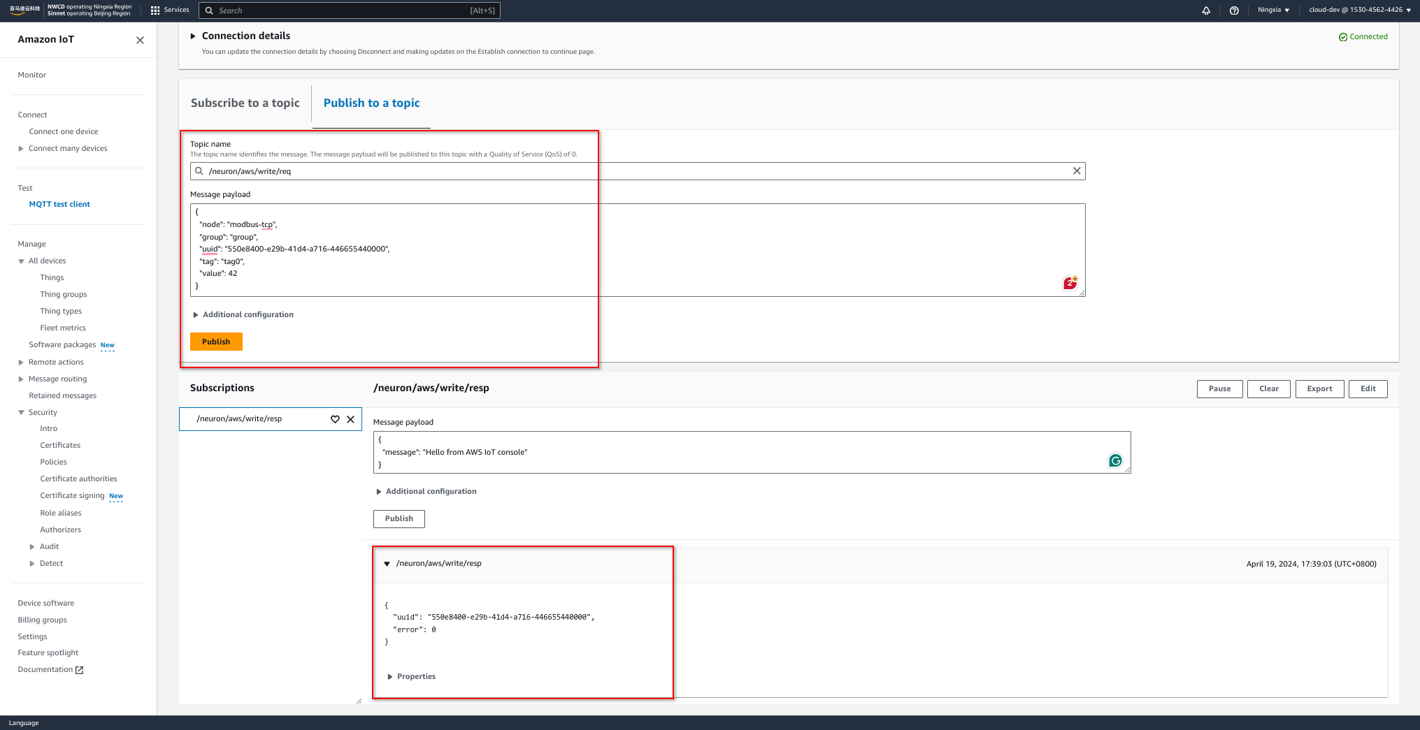 AWS IoT test client write