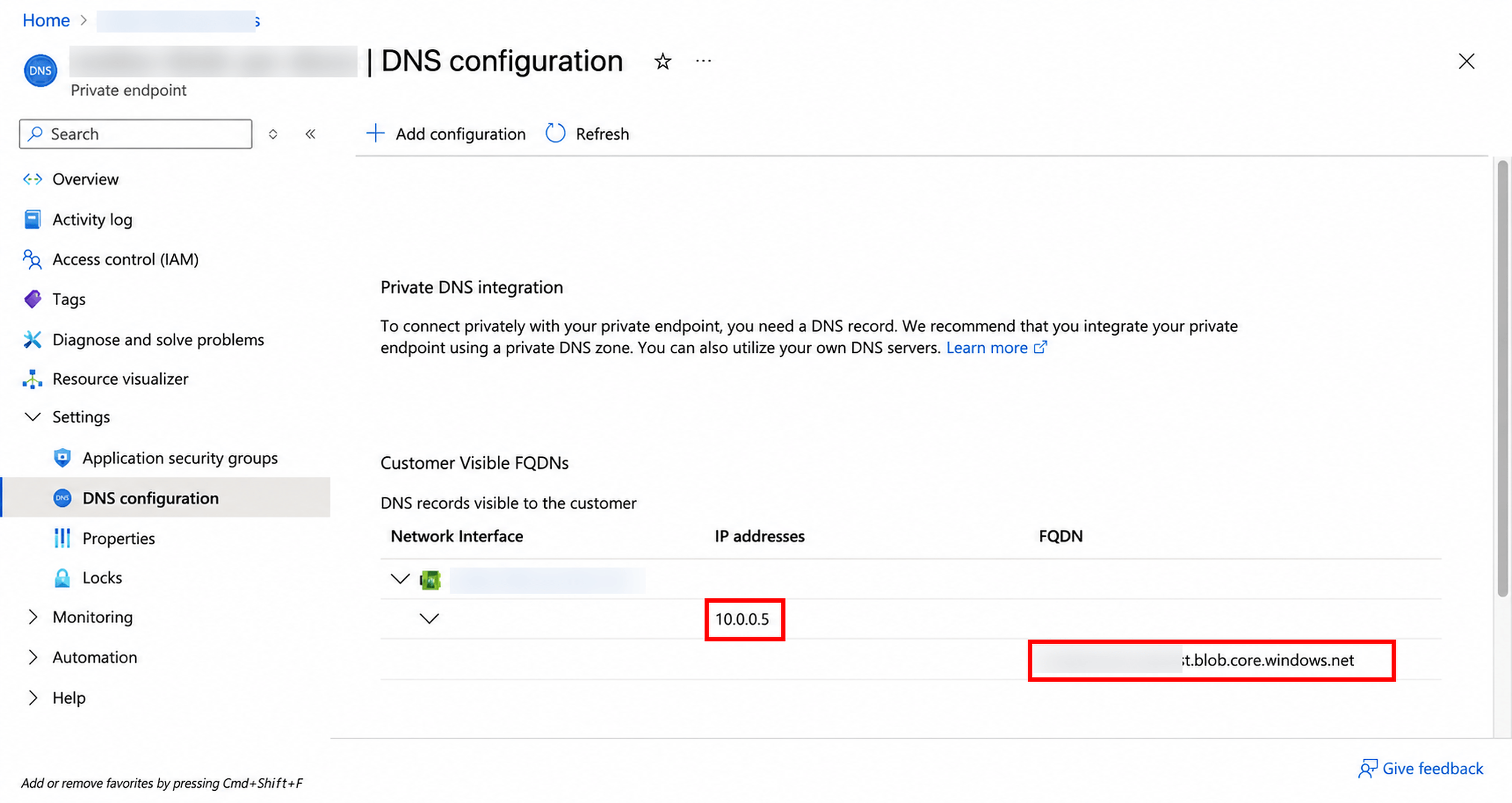 View the private endpoint IP address and FQDN