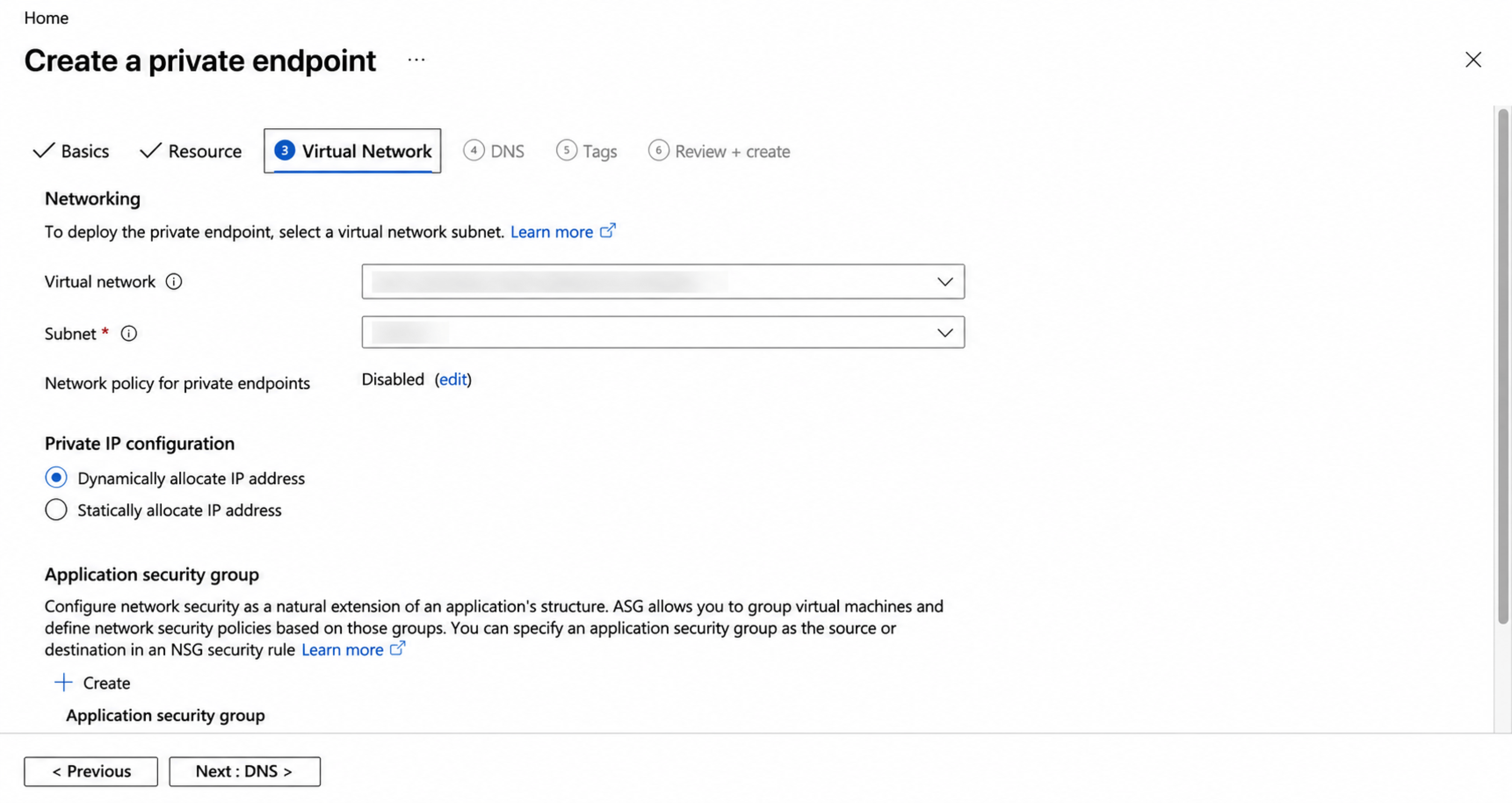 Select the virtual network and subnet