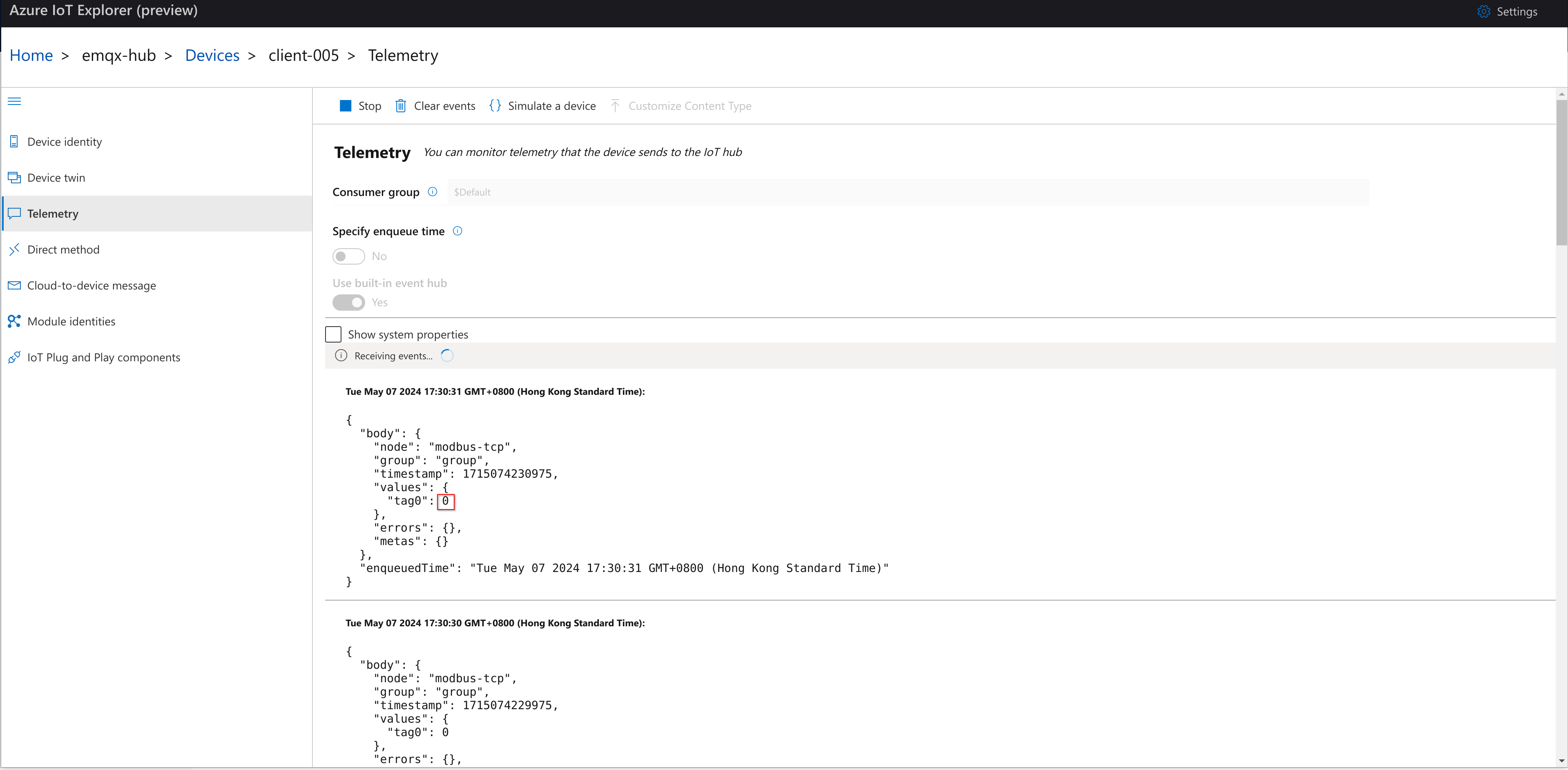 Azure IoT Explorer telemetry 1