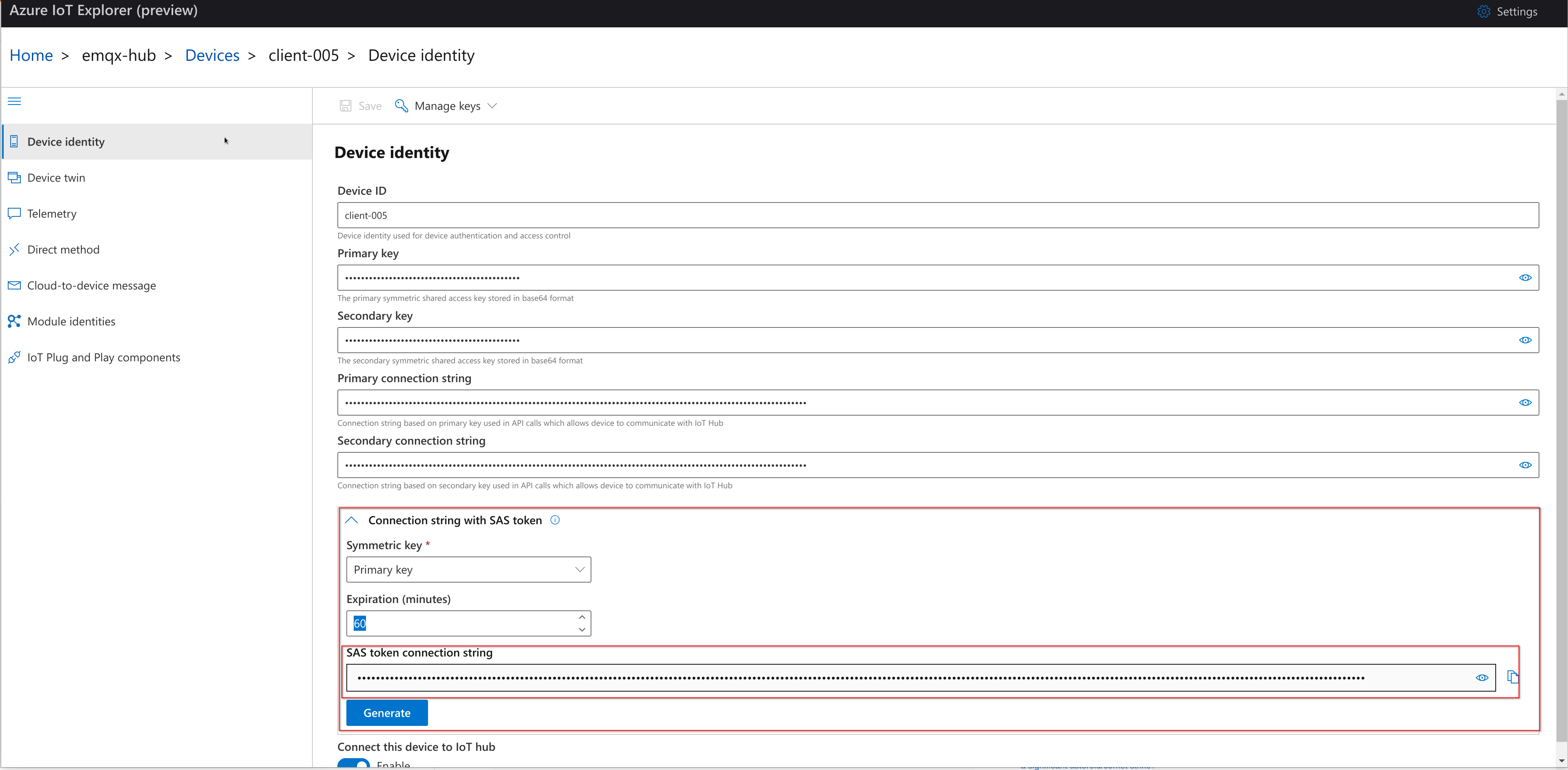 Azure IoT Explorer SAS token