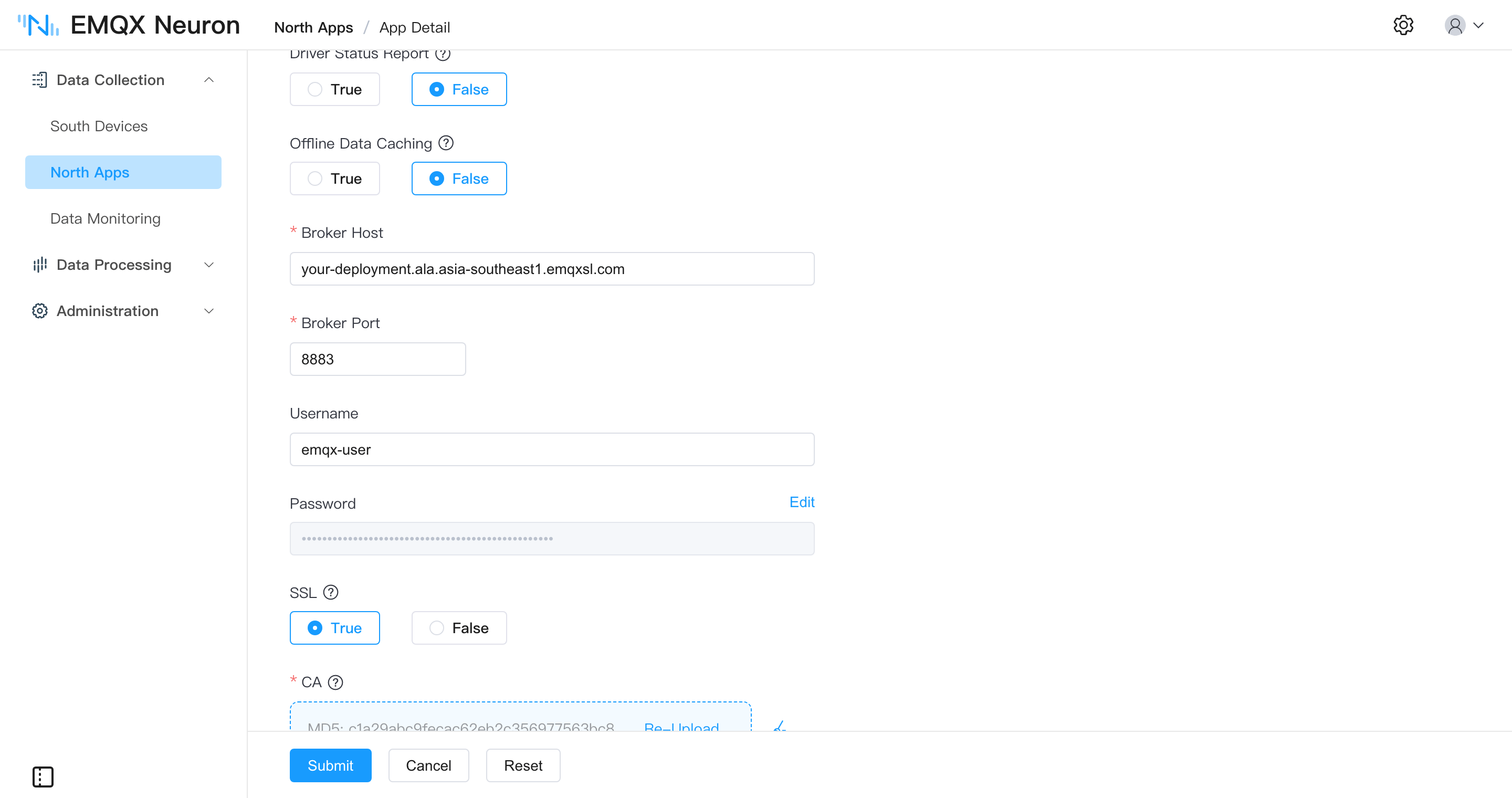 The EMQX Cloud connection settings: broker host, port 8883, credentials, SSL on with the CA uploaded