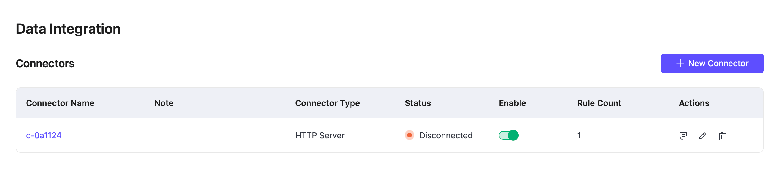 Connector status on the Data Integration page