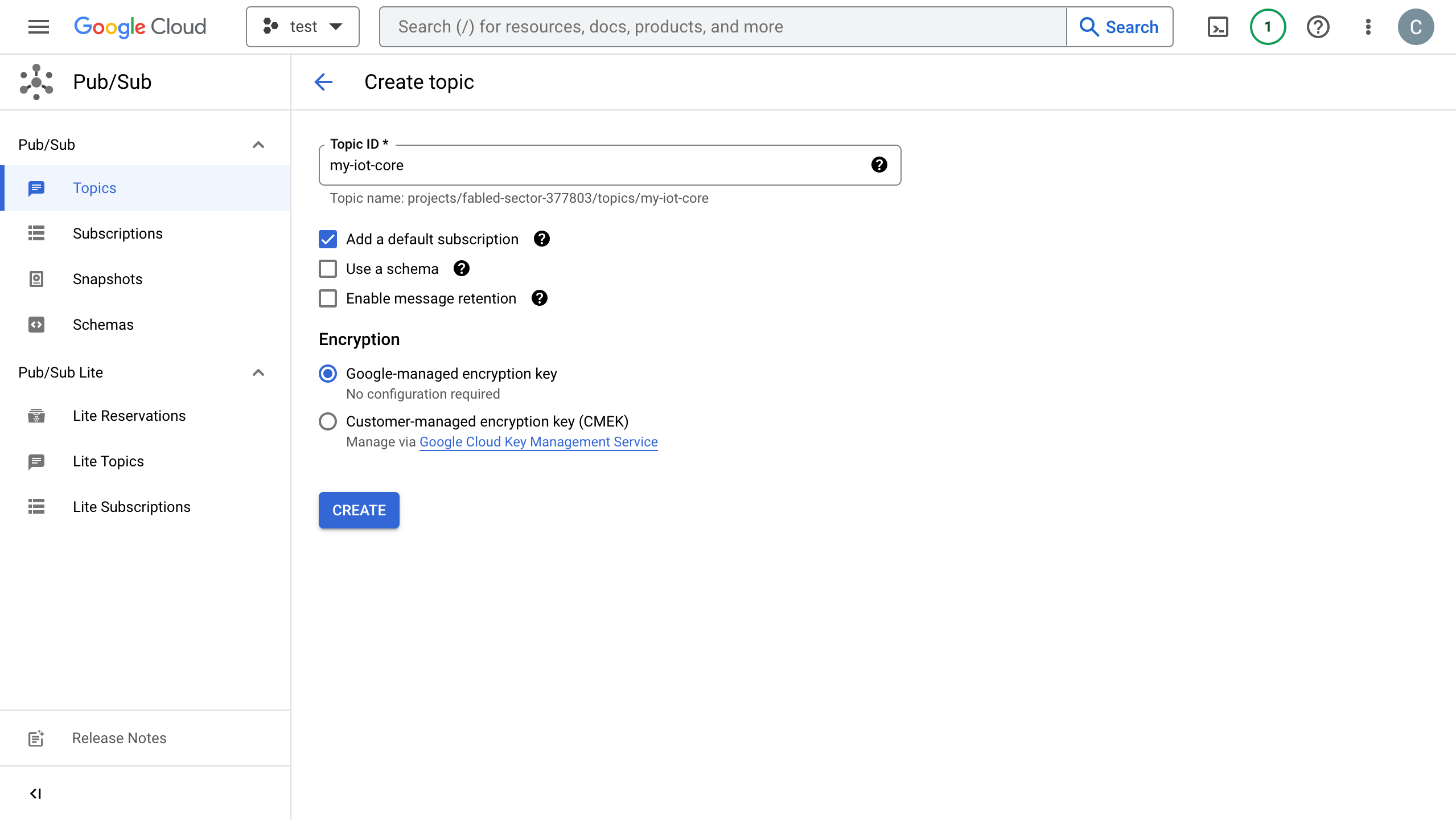 GCP コンソールでのトピック作成