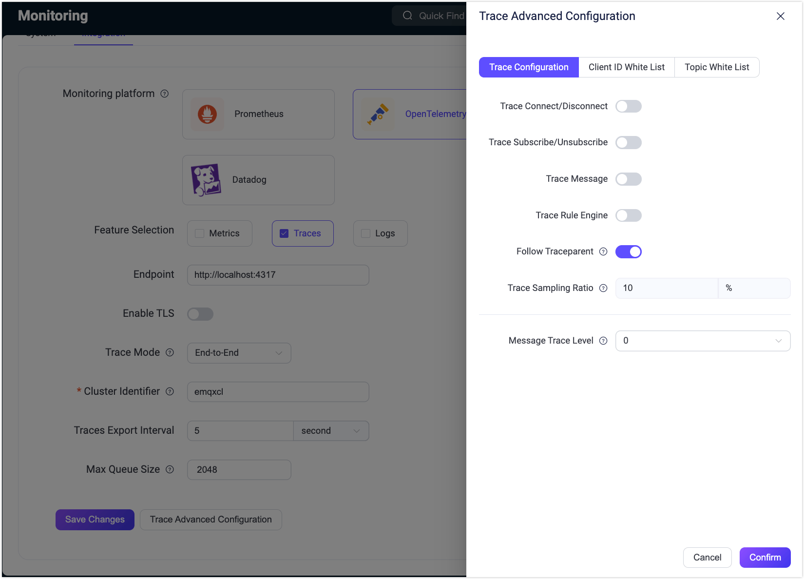 OpenTelemetryエンドツーエンドトレーシング ダッシュボード設定画面