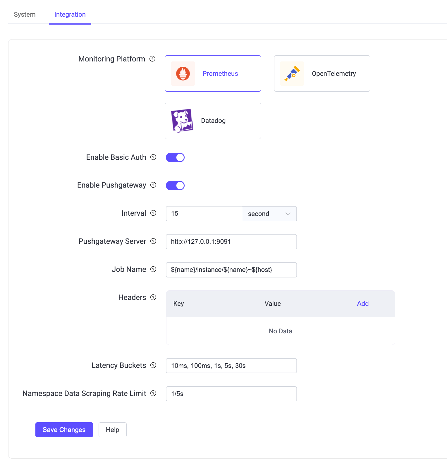 Prometheus integration settings