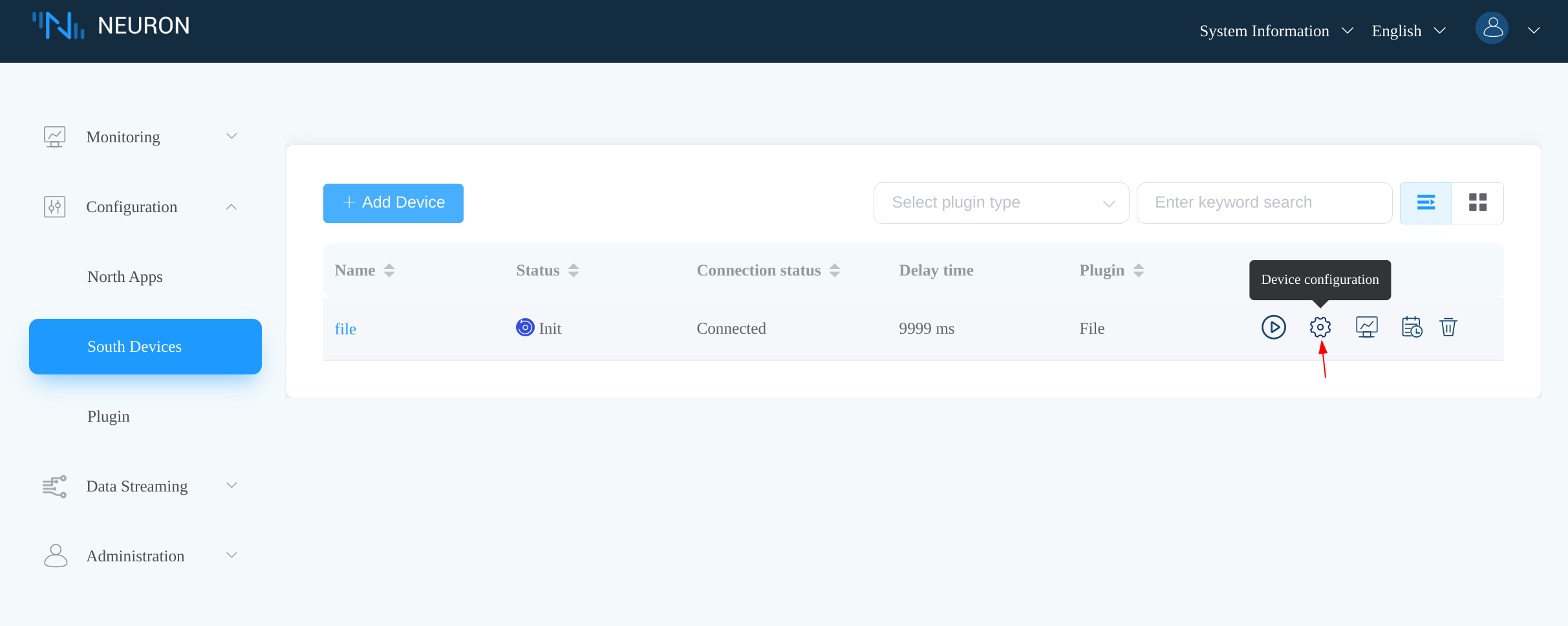 Neuron dashboard sourth devices tab