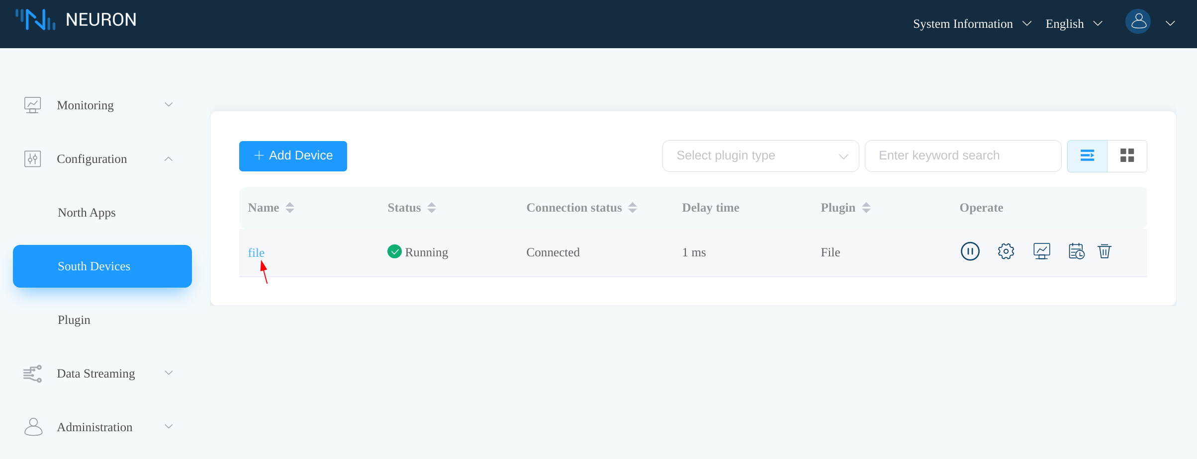 Neuron dashboard sourth devices tab showing file node connected