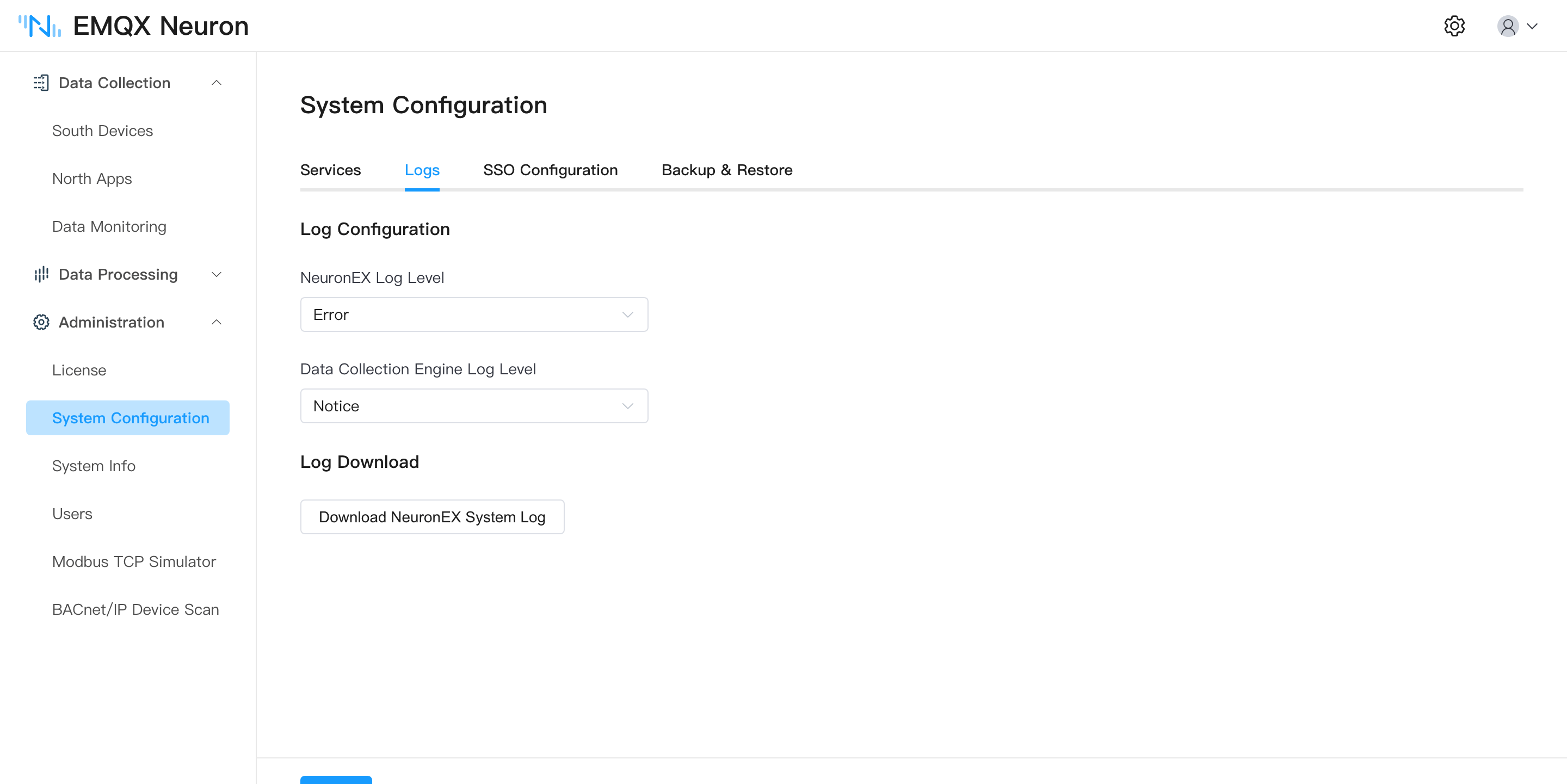 The Logs page of System Configuration: log levels and log download