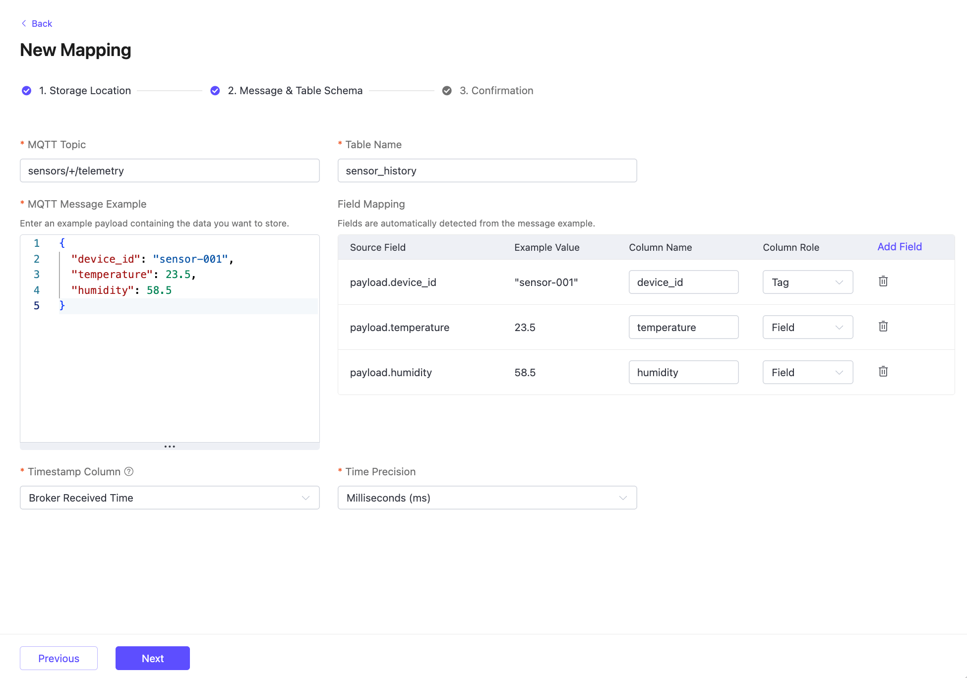 Configure the message and table schema
