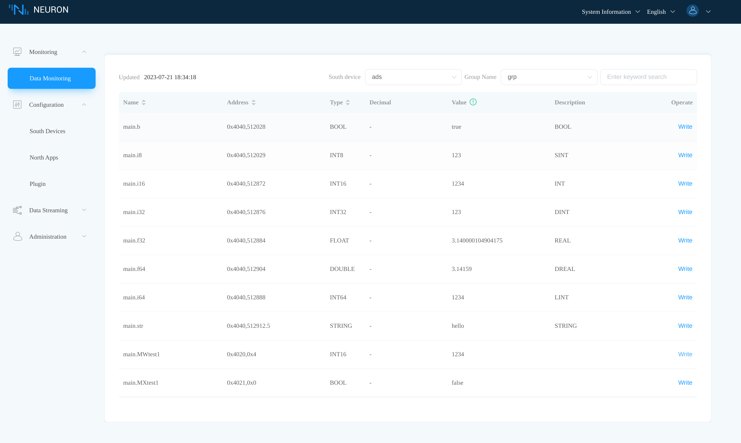 Neuron data monitoring tab