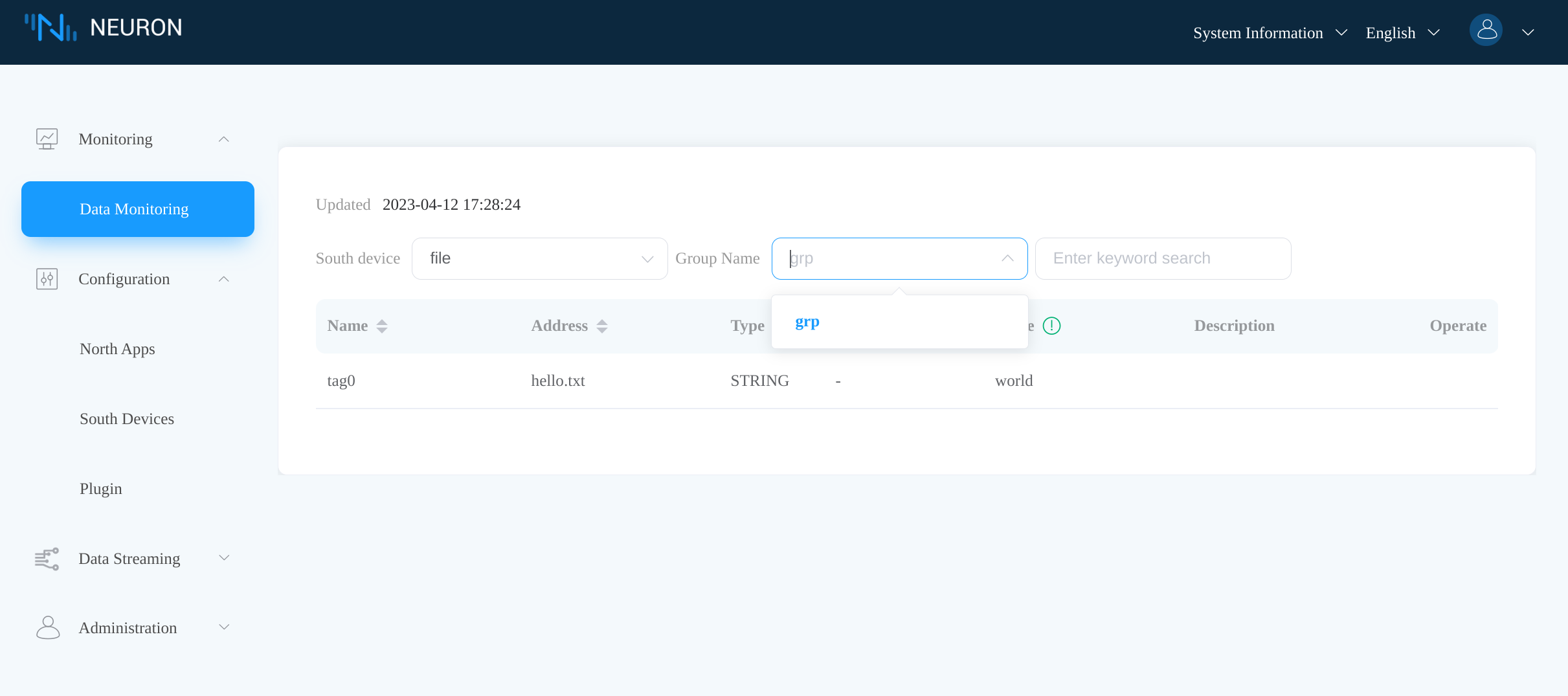 Neuron dashboard data monitoring tab