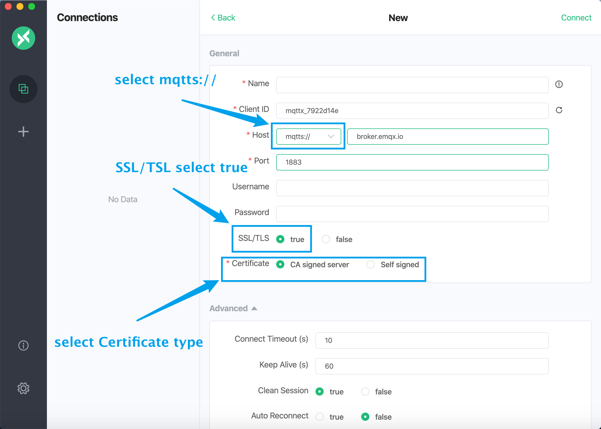 MQTTX uses MQTTS protocol