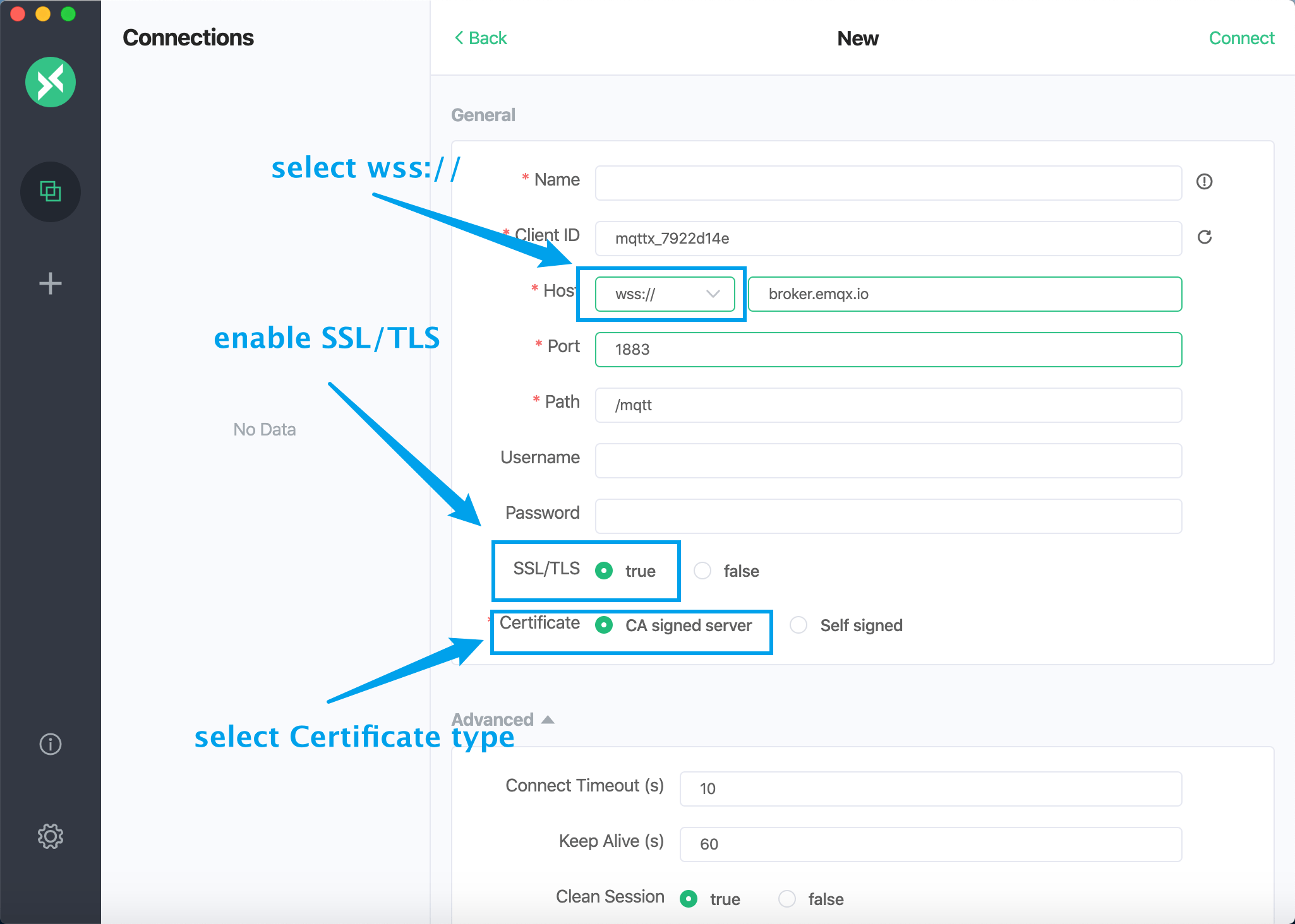 MQTTX uses WSS protocol