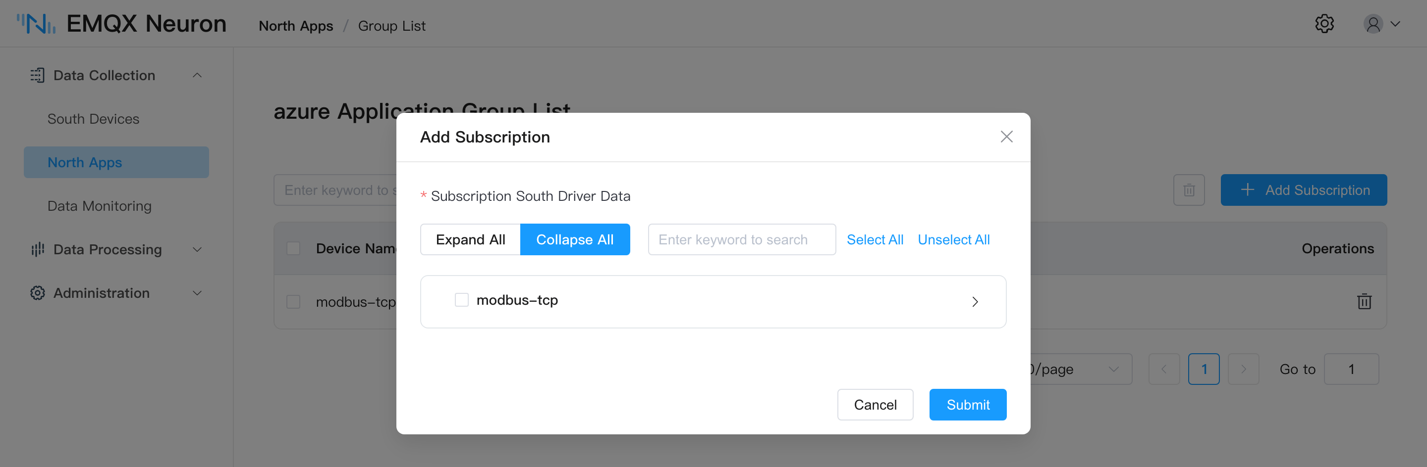azure node subscribe to modbus node