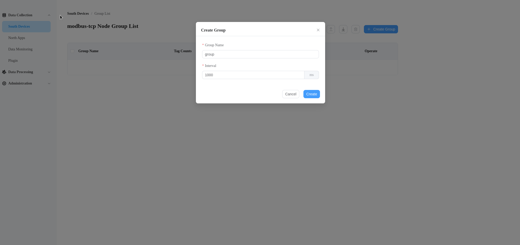 Add a group to the modbus node in Neuron dashboard