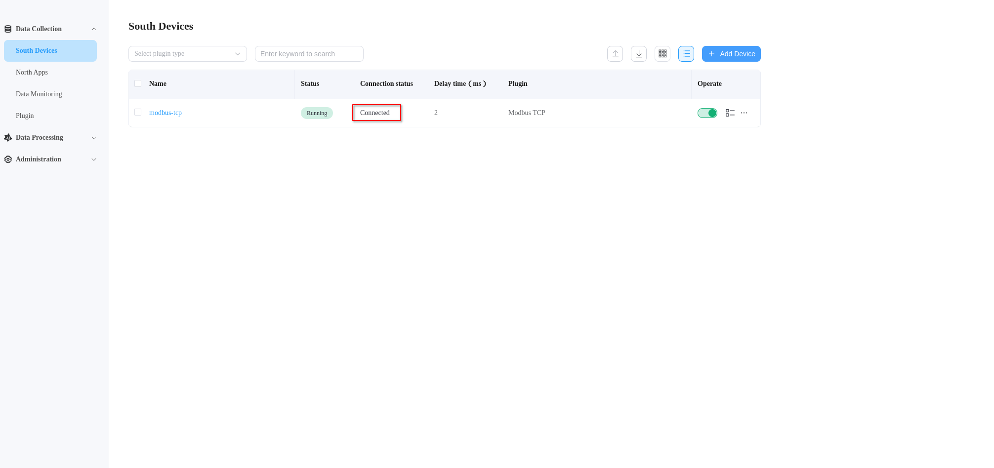 Neuron dashboard sourth devices tab showing modbus node connected