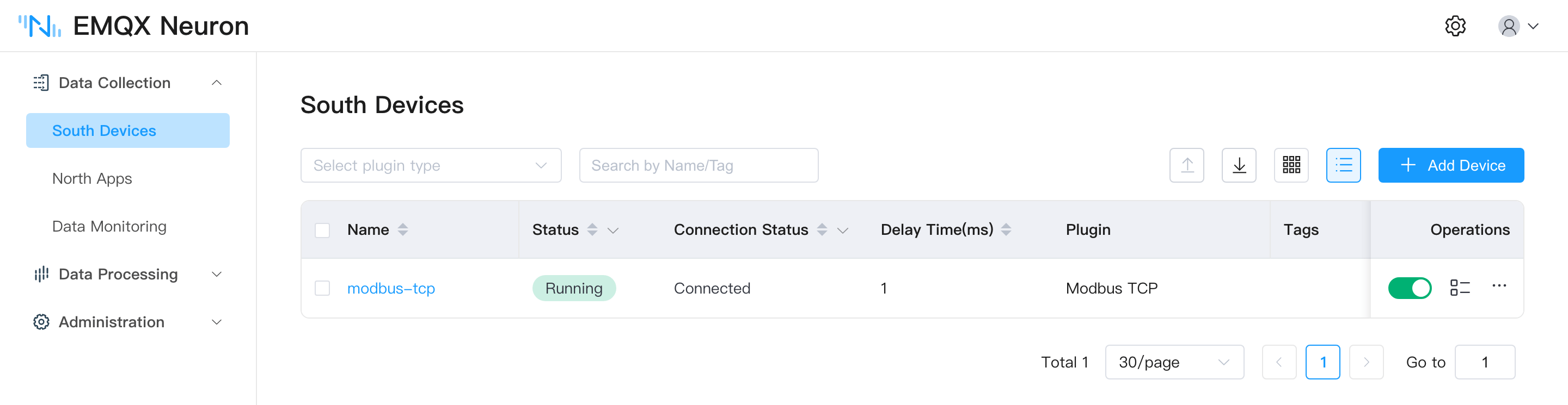 EMQX Neuron dashboard sourth devices tab showing modbus node connected