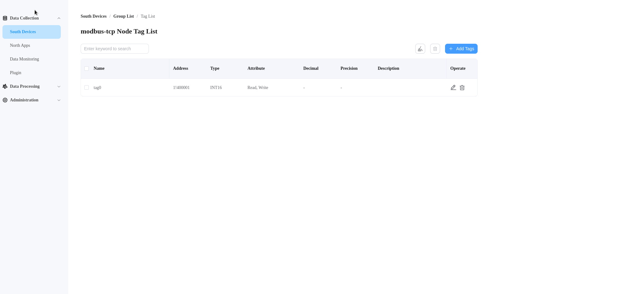 Add a tag to the modbus node in Neuron dashboard