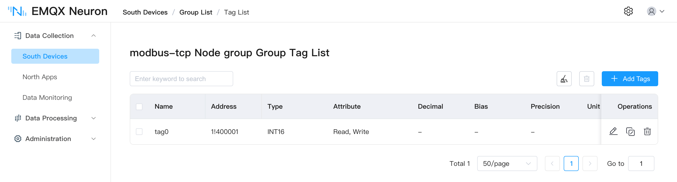 Add a tag to the modbus node in EMQX Neuron dashboard