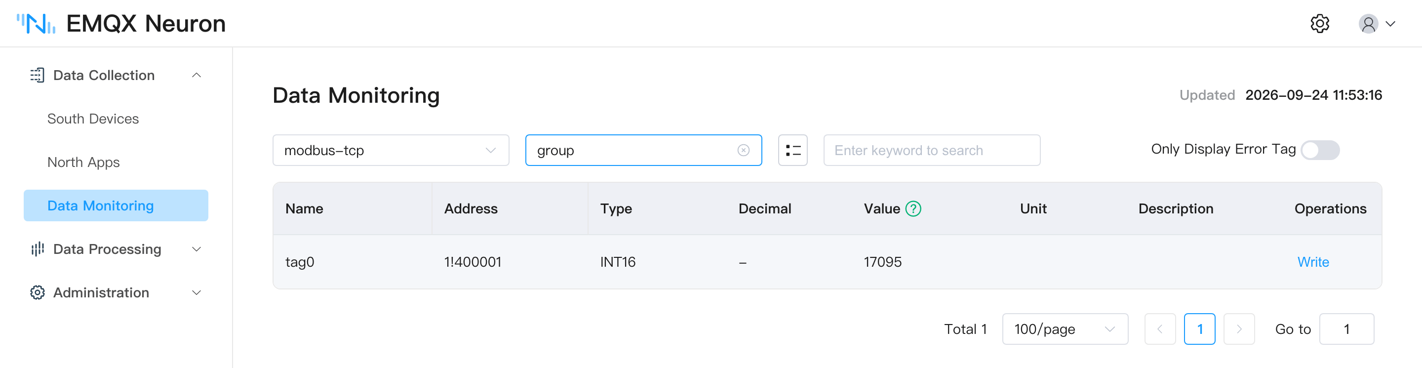 EMQX Neuron dashboard data monitoring tab