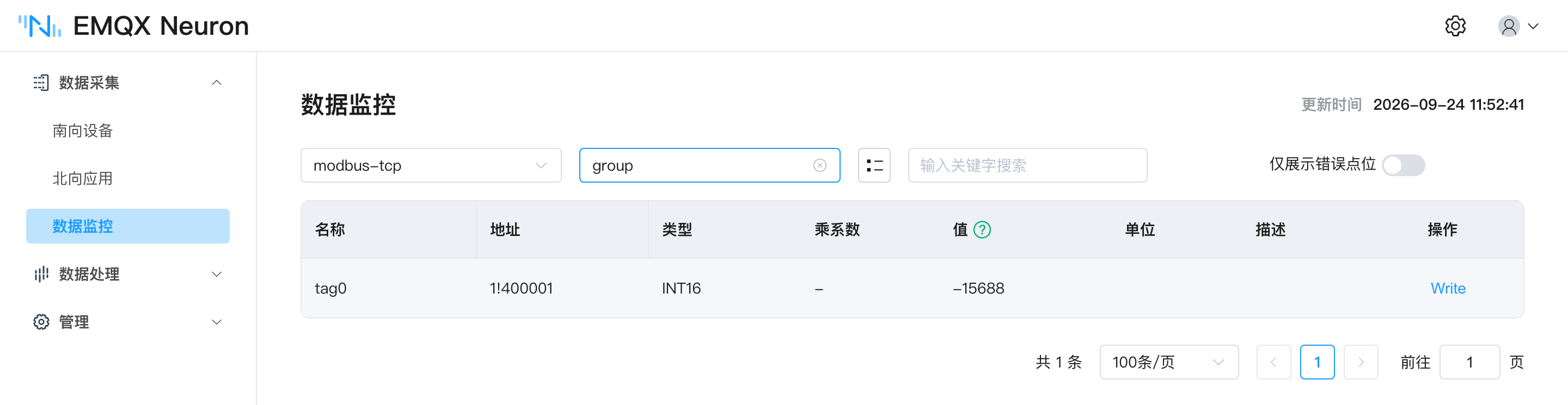 EMQX Neuron dashboard data monitoring tab