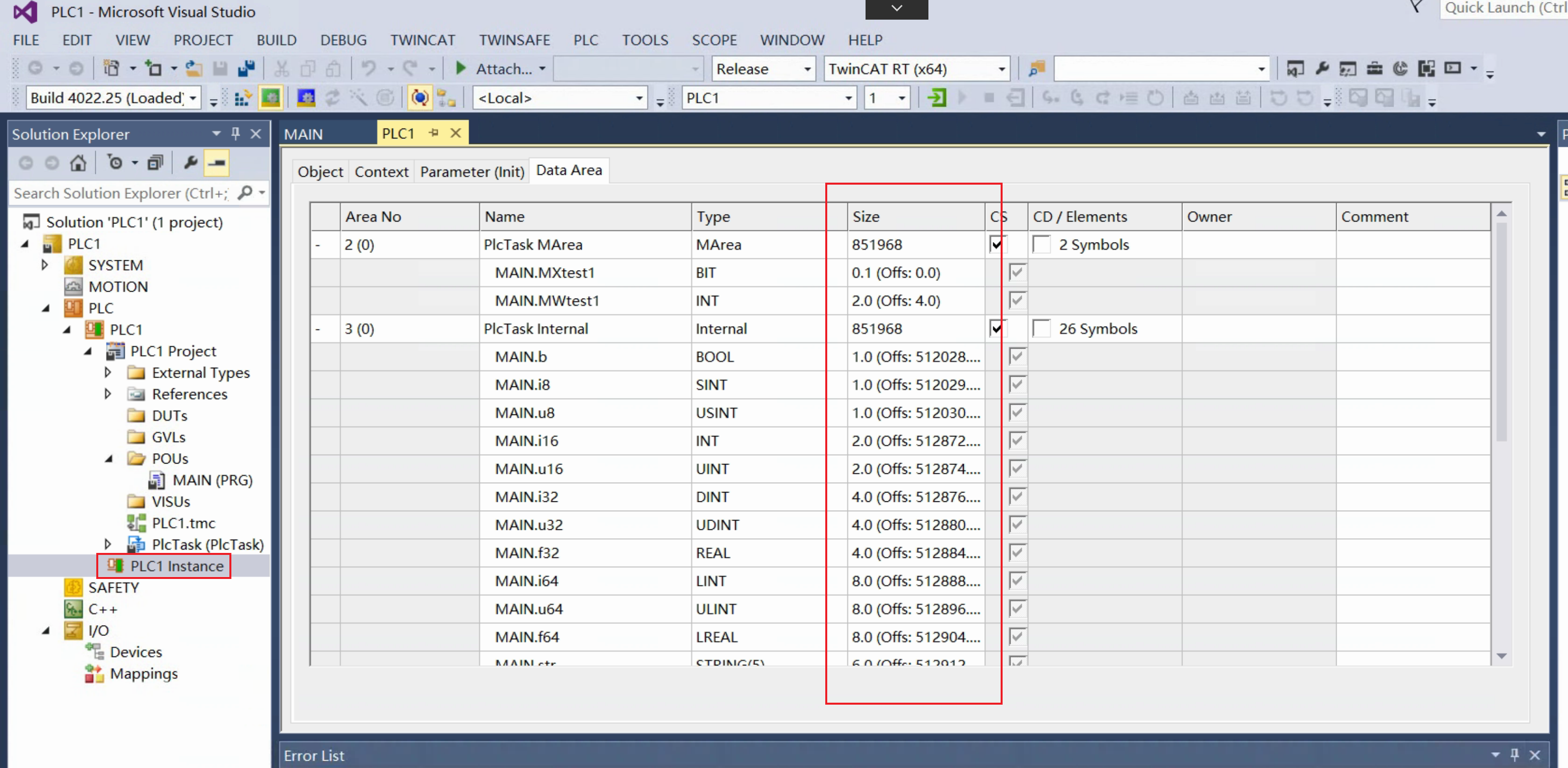 TwinCAT PLC data area tab